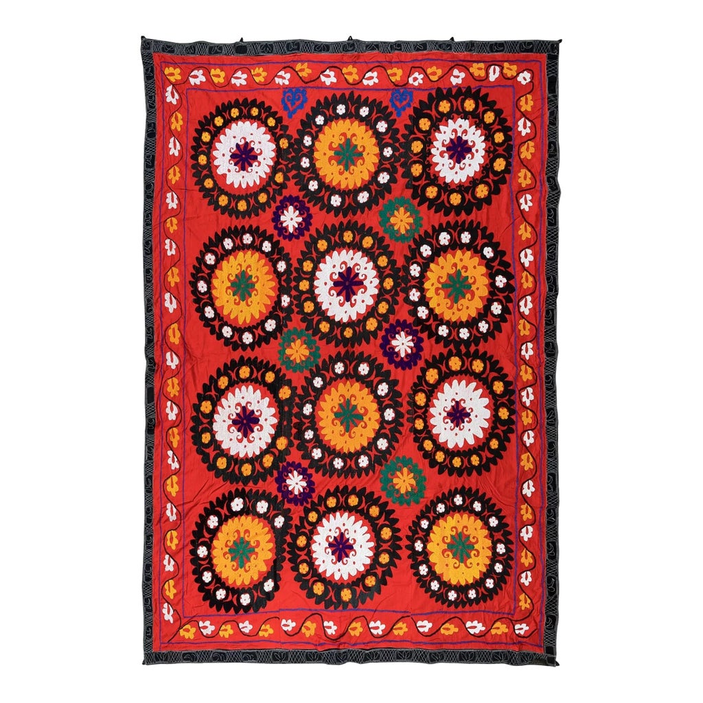 Tenture Murale Suzani Vintage Brodée Main - Coton, Motif Floral Art Déco, Taille Twin