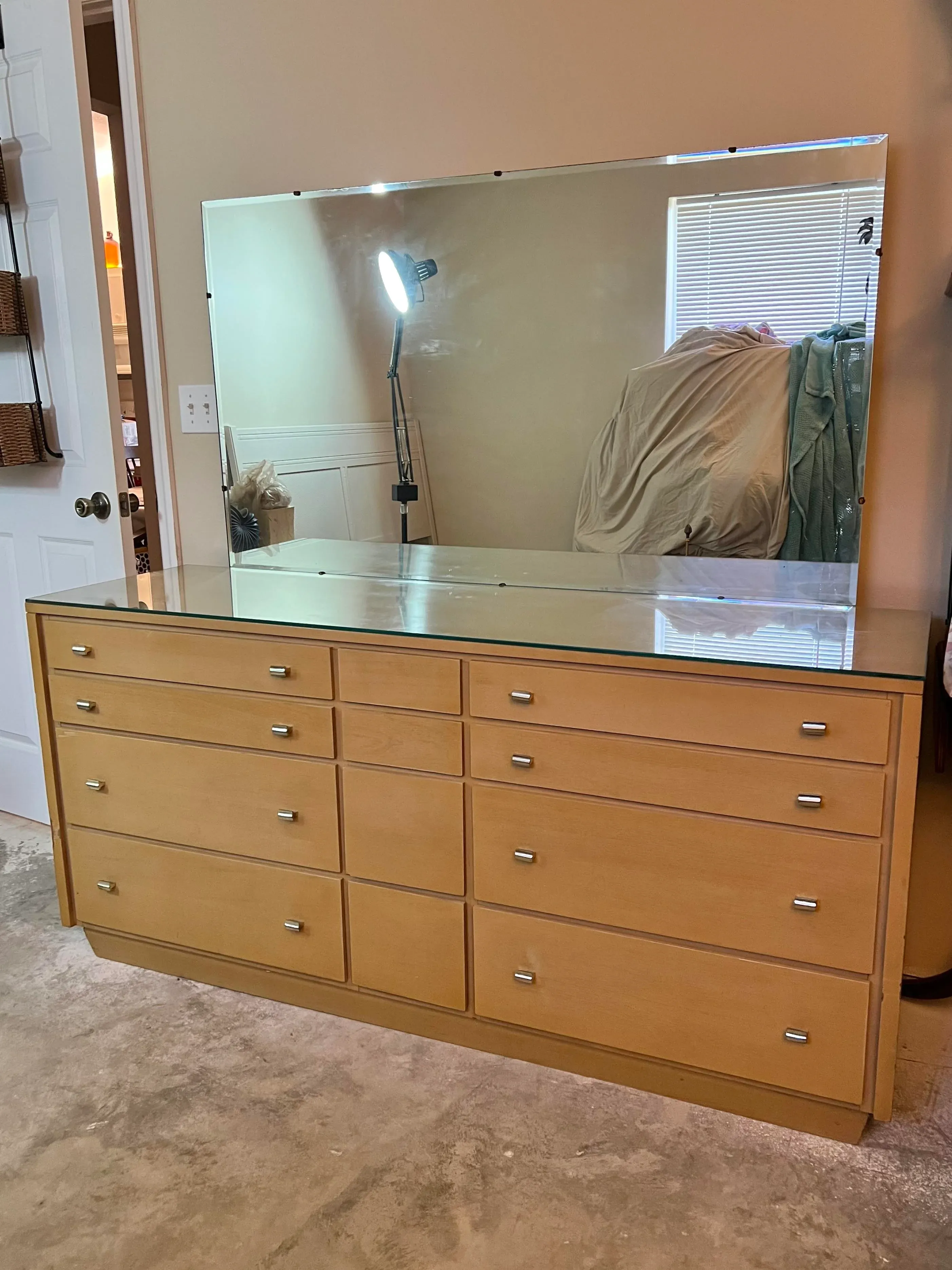 mid century modern dresser with mirror Italian Maple Long + | 1960s The tapered legs are accented with gold capped tips 1962 Ward Furniture Co. Dresser