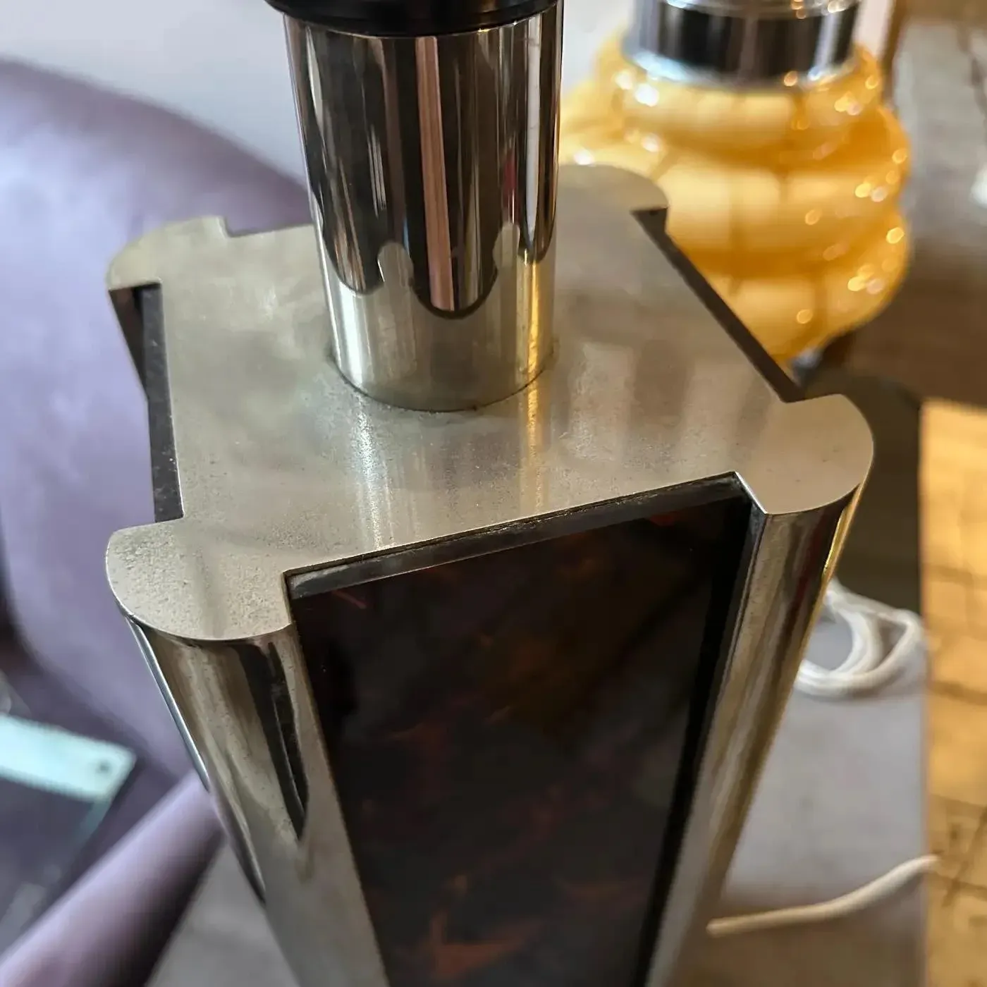 1970s Mid-Century Modern Fake Tortoiseshell Lucite and Silver Plate Table Lamp