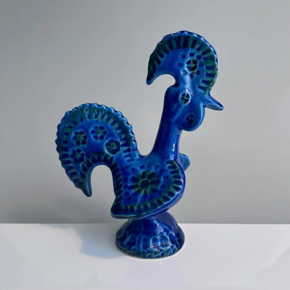 Glazed Ceramic Rimini Blu Rooster Figurine by Aldo Londi for