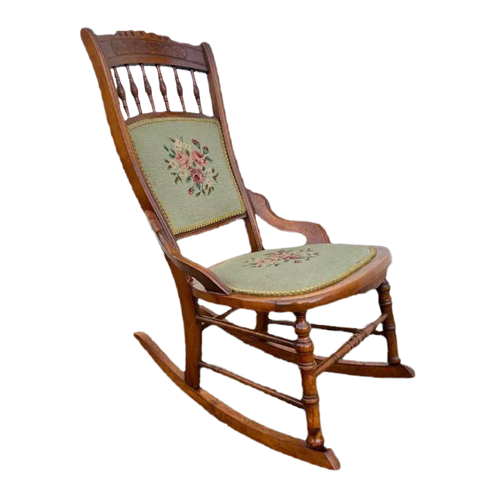 Antique Rocking Chair With Needlepoint | Chairish
