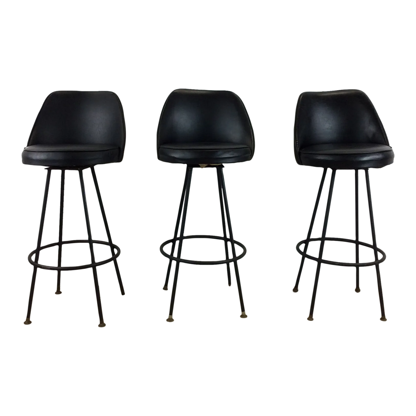 Set of 3 Mid Century Modern Black Vinyl Bar Stools | Chairish