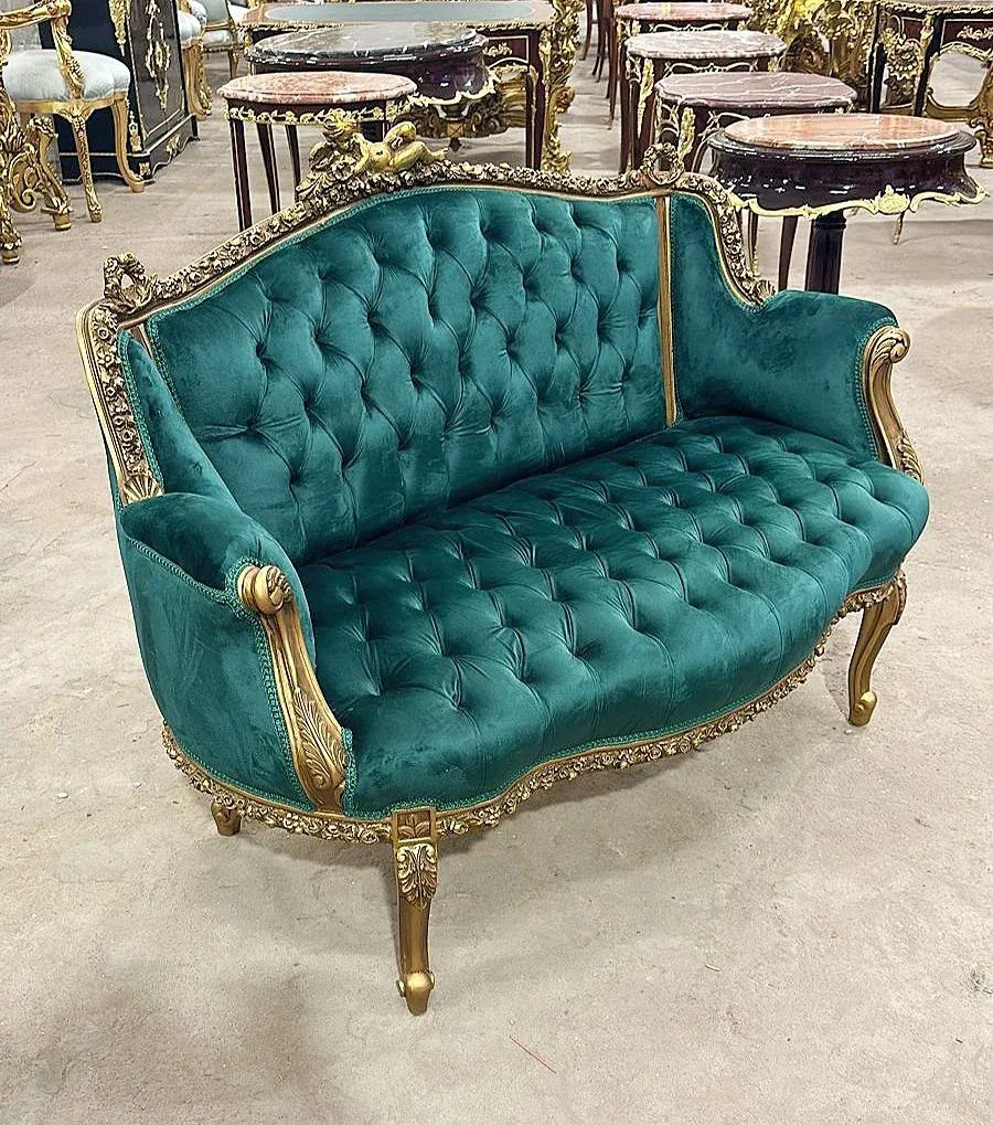 French Rococo Style Tufted Green Velvet Sofa, image size:900x1019