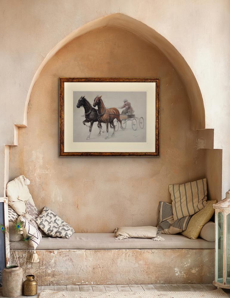 Cecil Aldin, Trotting Horses Harnessed to a Lightweight Four Wheel Cart Trap, Chalk Drawing, Framed
