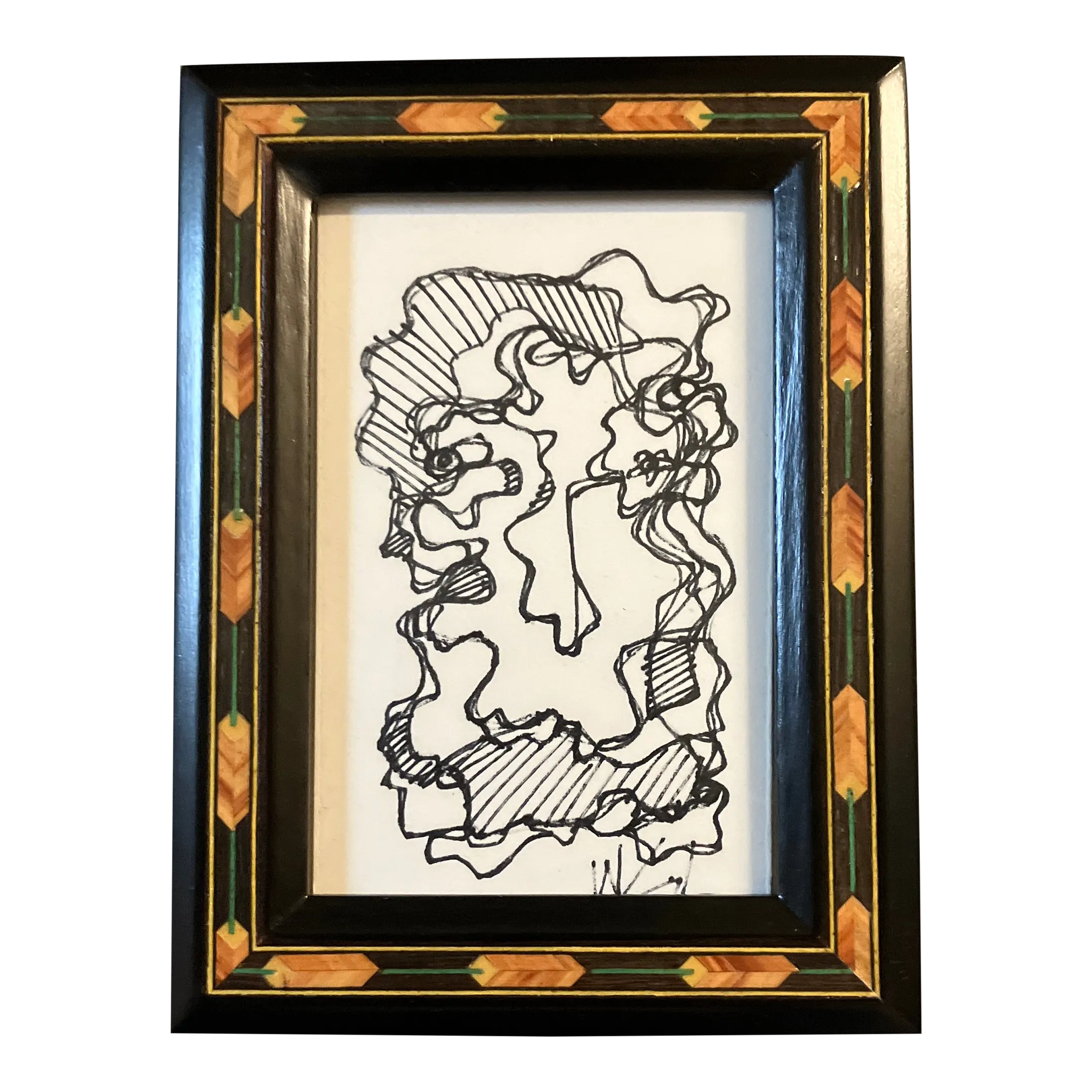 1080’s Original Small Wayne Cunningham Abstract Ink Drawing Tabletop Inlaid Wood Frame