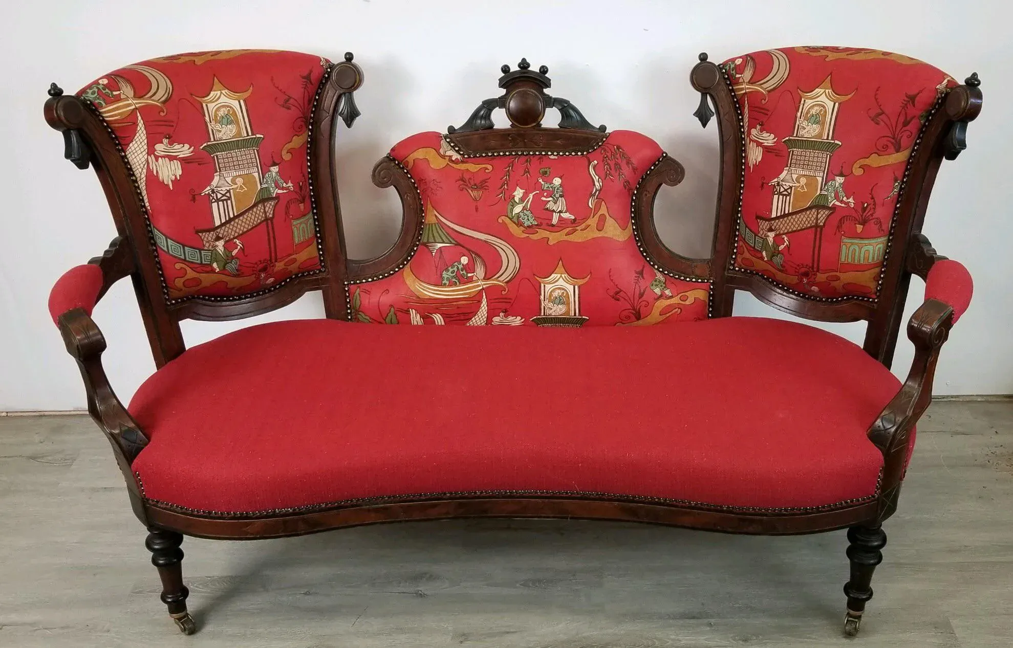 1800s Antique Sanderson & Sons Pagoda River Linen and Red Crypton