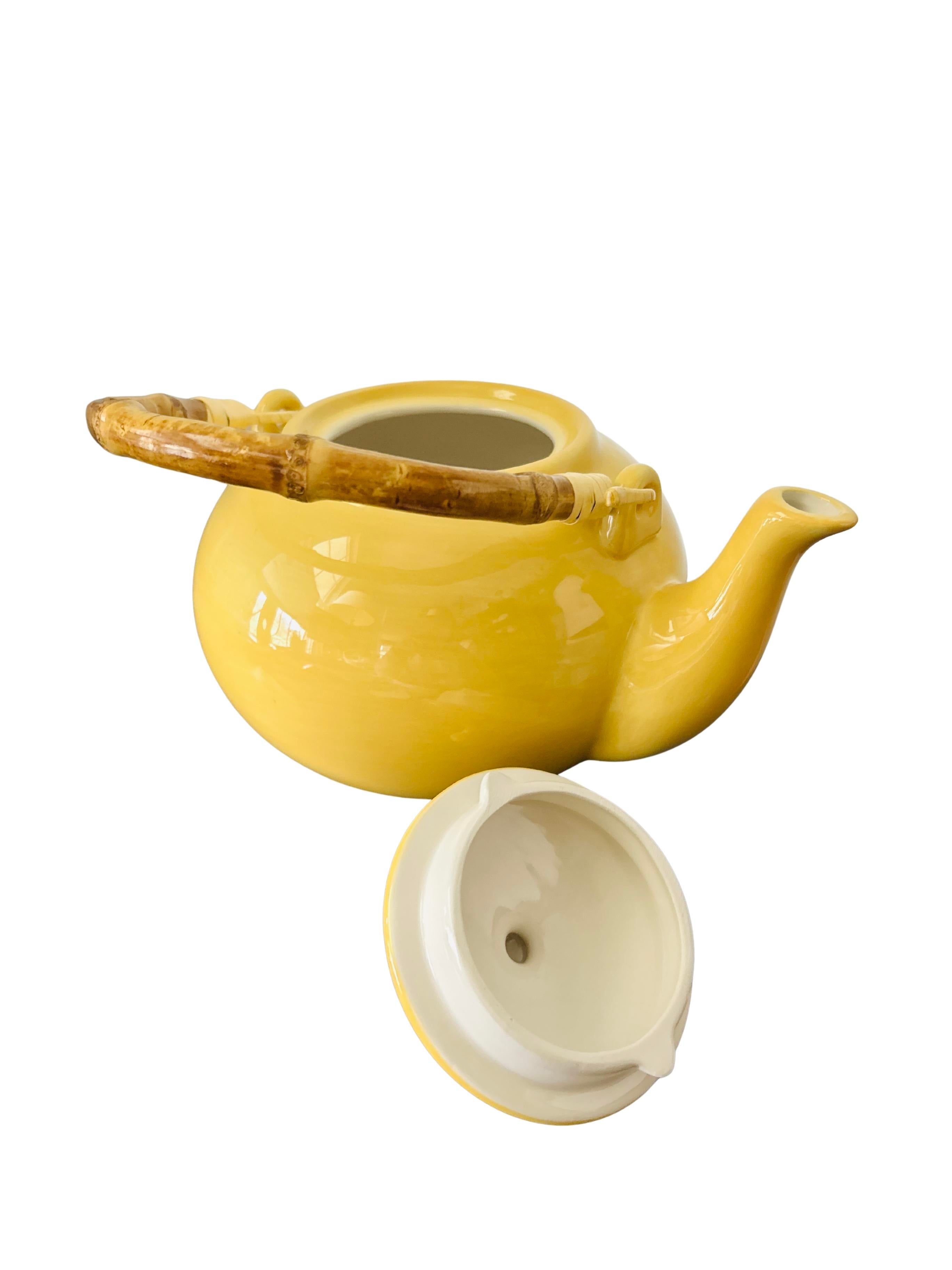 Vintage Pottery Barn Sausalito Yellow Ceramic Teapot – Bamboo Handle – Asian-Inspired Stoneware Tea Kettle