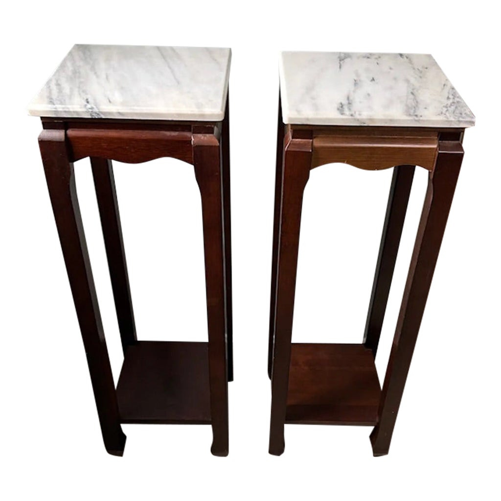 Pair of 1970s Classic Mahogany Square Asian Style Marble Stone Top Fern ...