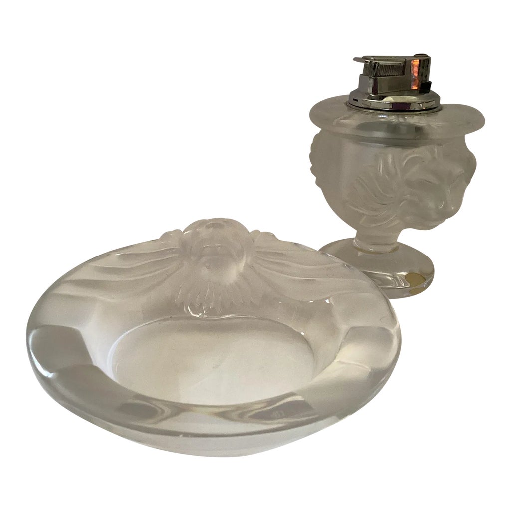 1970s Vintage Lalique France Tete De Lion Crystal Tray and Lighter 