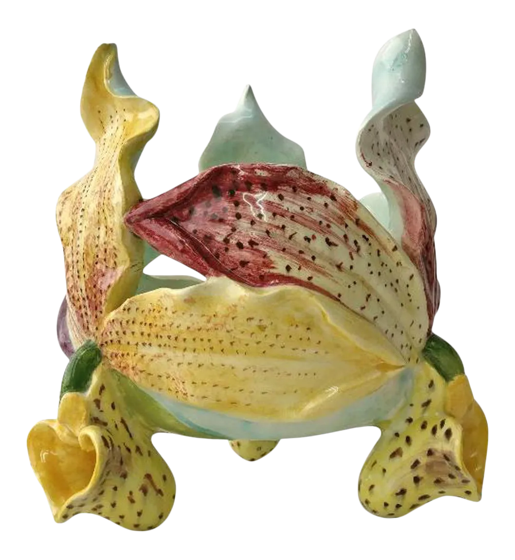 19th Century Majolica Orchid Cache Pot Delphin Massier | Chairish