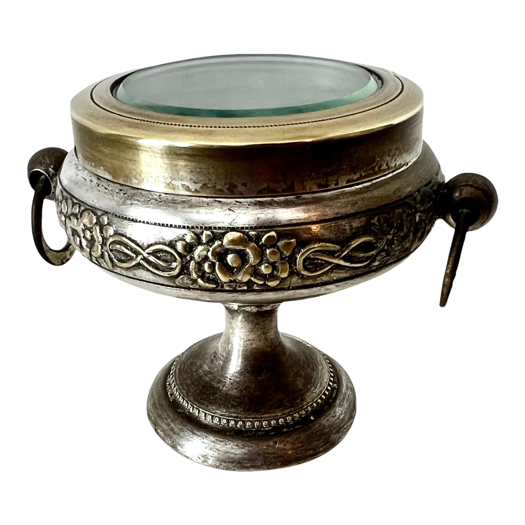Early 20th Century Repoussé Pedestal Casket Box of Brass & Metal with Glass Lid