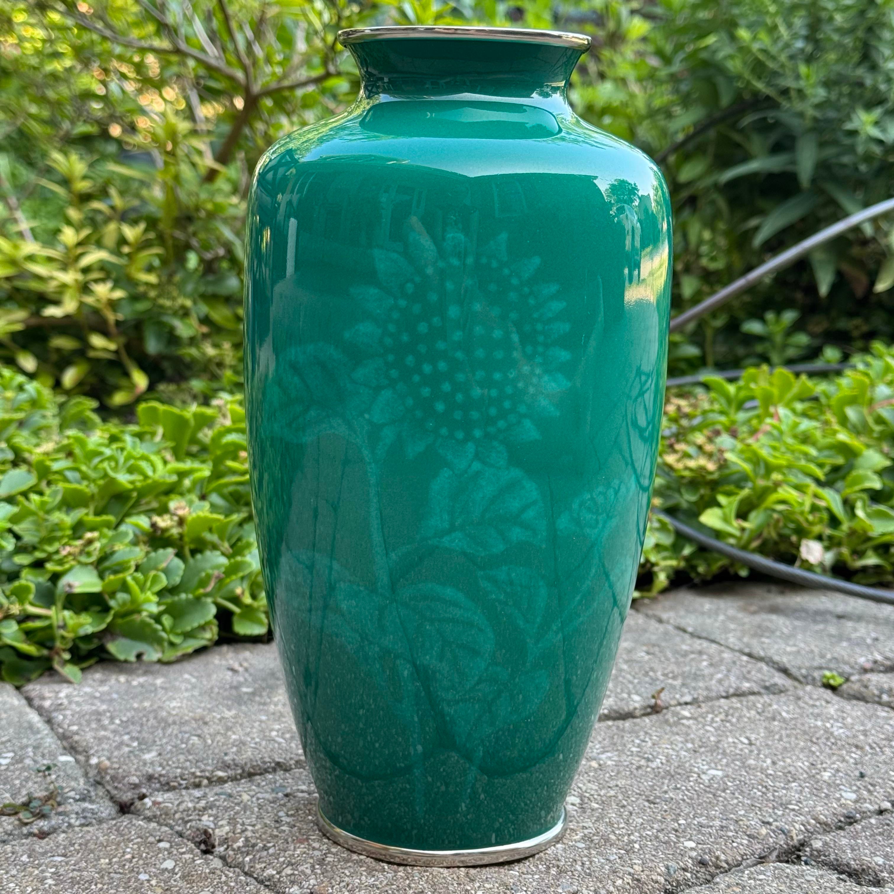 Mid 20th Century Japanese Cloisonné Jade Green Enamel Vase / Urn