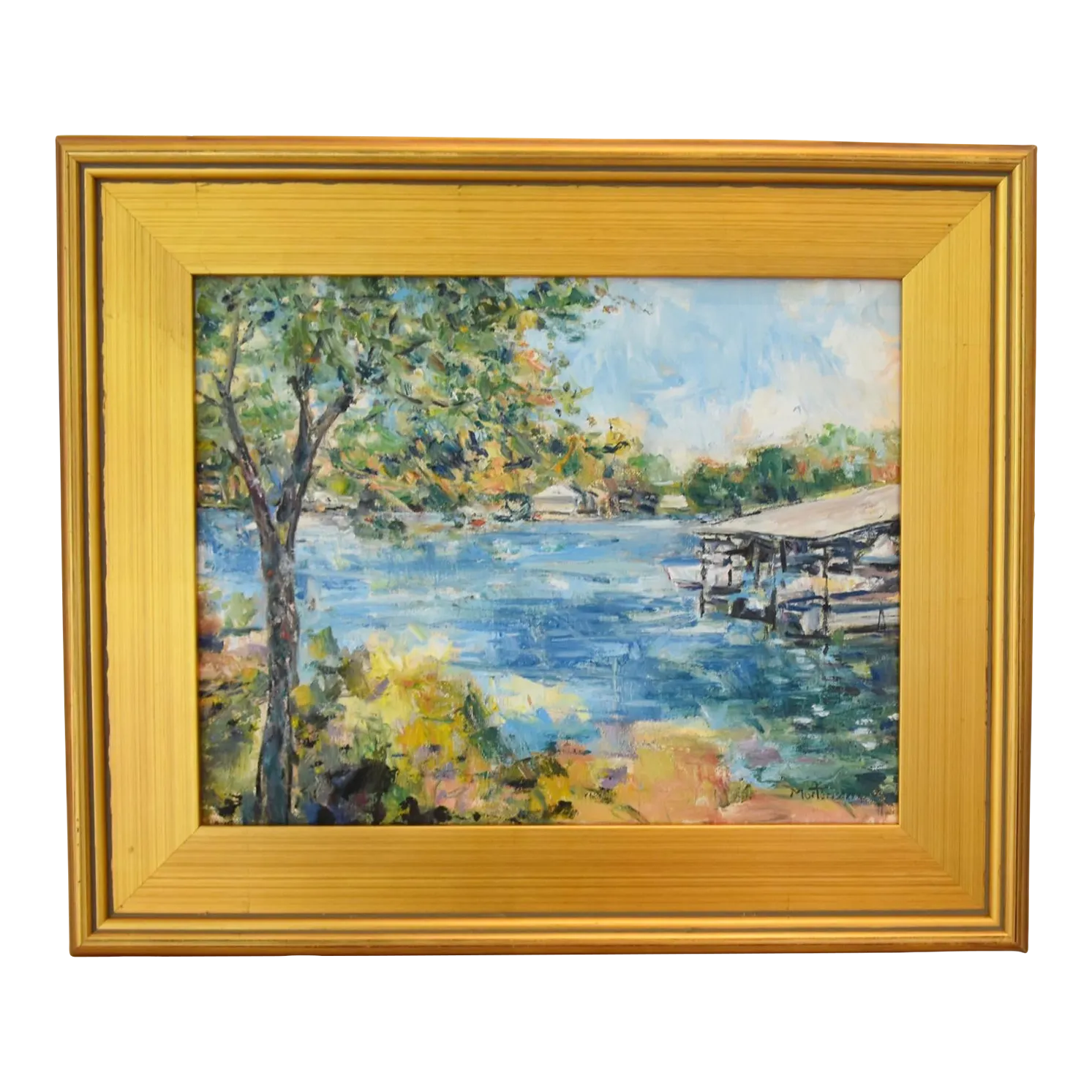 Impressionist Boats & Lake Landscape Oil Painting Displayed in an