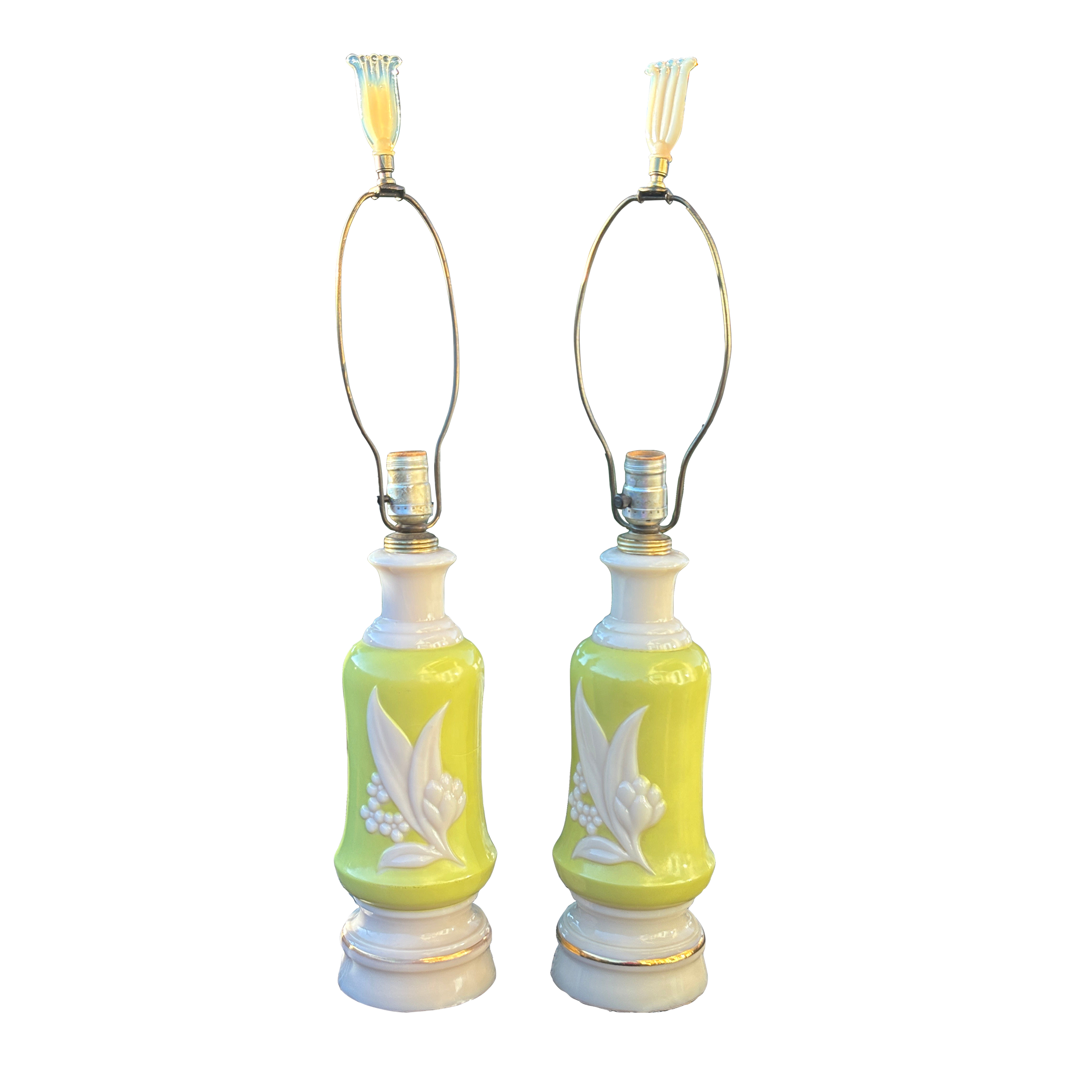 1930s Cream and Green Aladdin Alacite Uranium Glass Lamps With