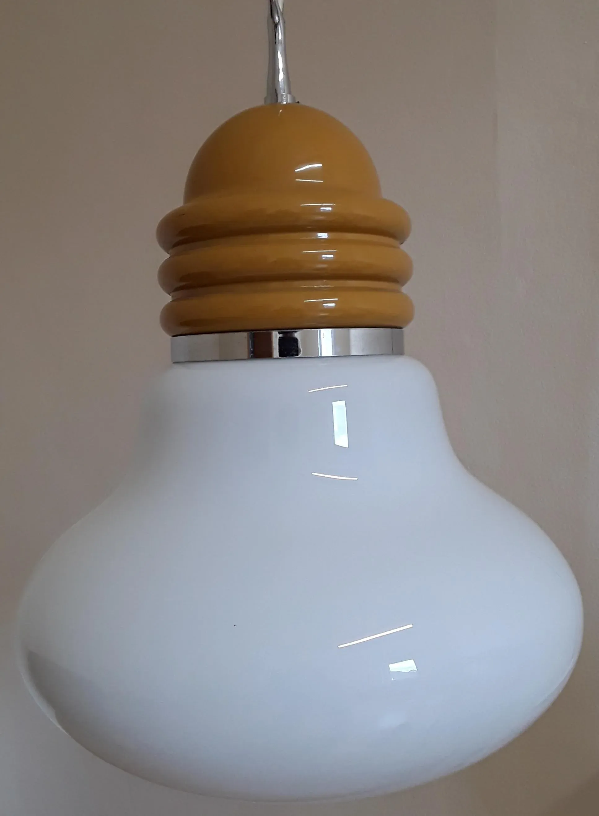 Vintage Ceiling Lamp in White Opaque Glass & Mustard-Colored Metal Assembly, 1970s