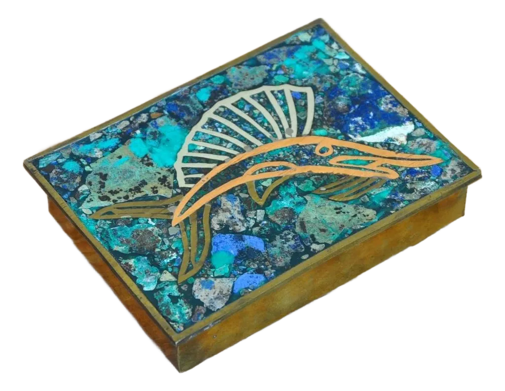 E3【used】Los Castillo mixed メタルボックス Mid 20th Century Gemstone and Mixed-Metal Inlaid Hinged Box