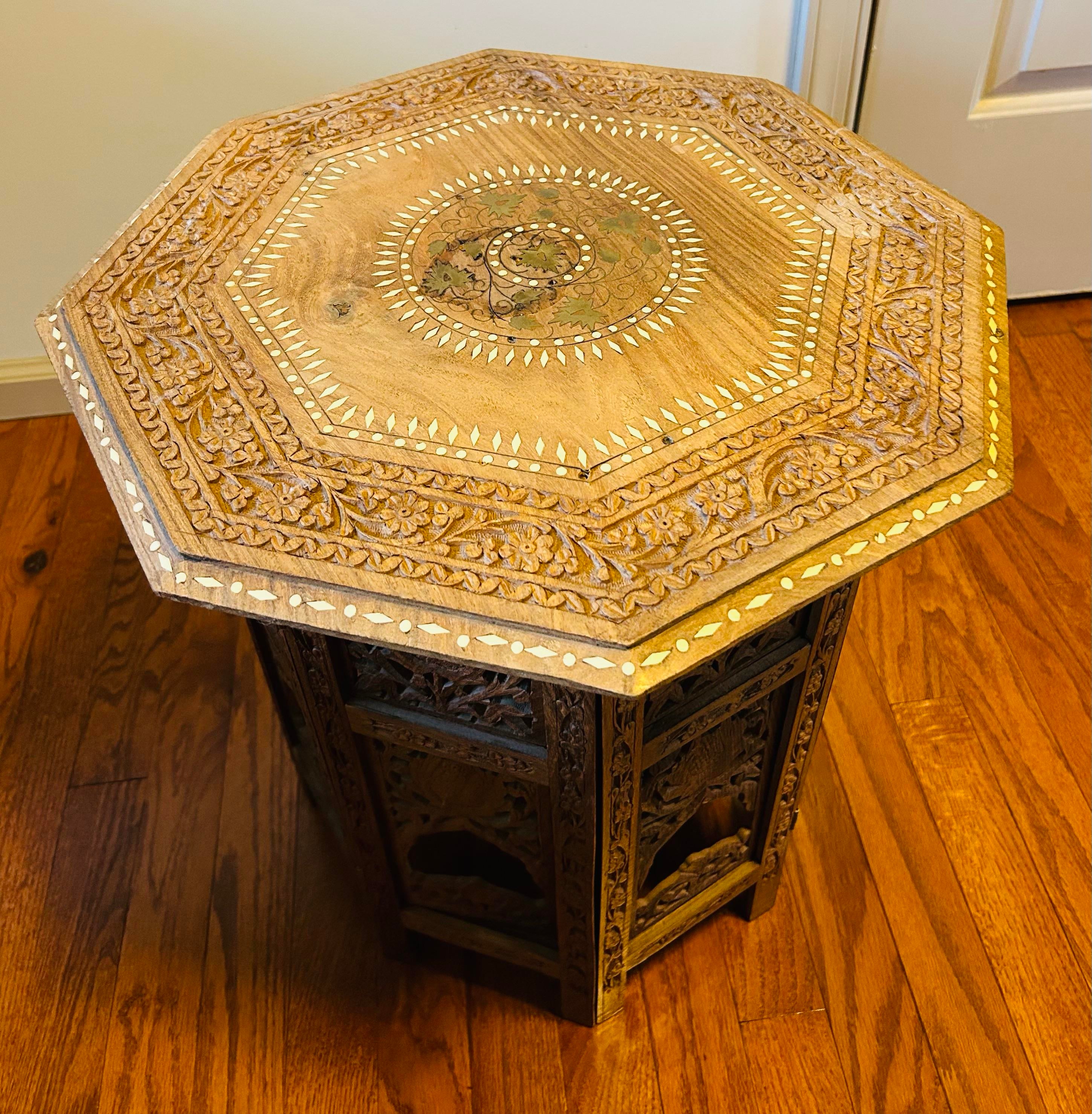 Vintage Moroccan Inlaid Wood Octagonal Side Table | Chairish
