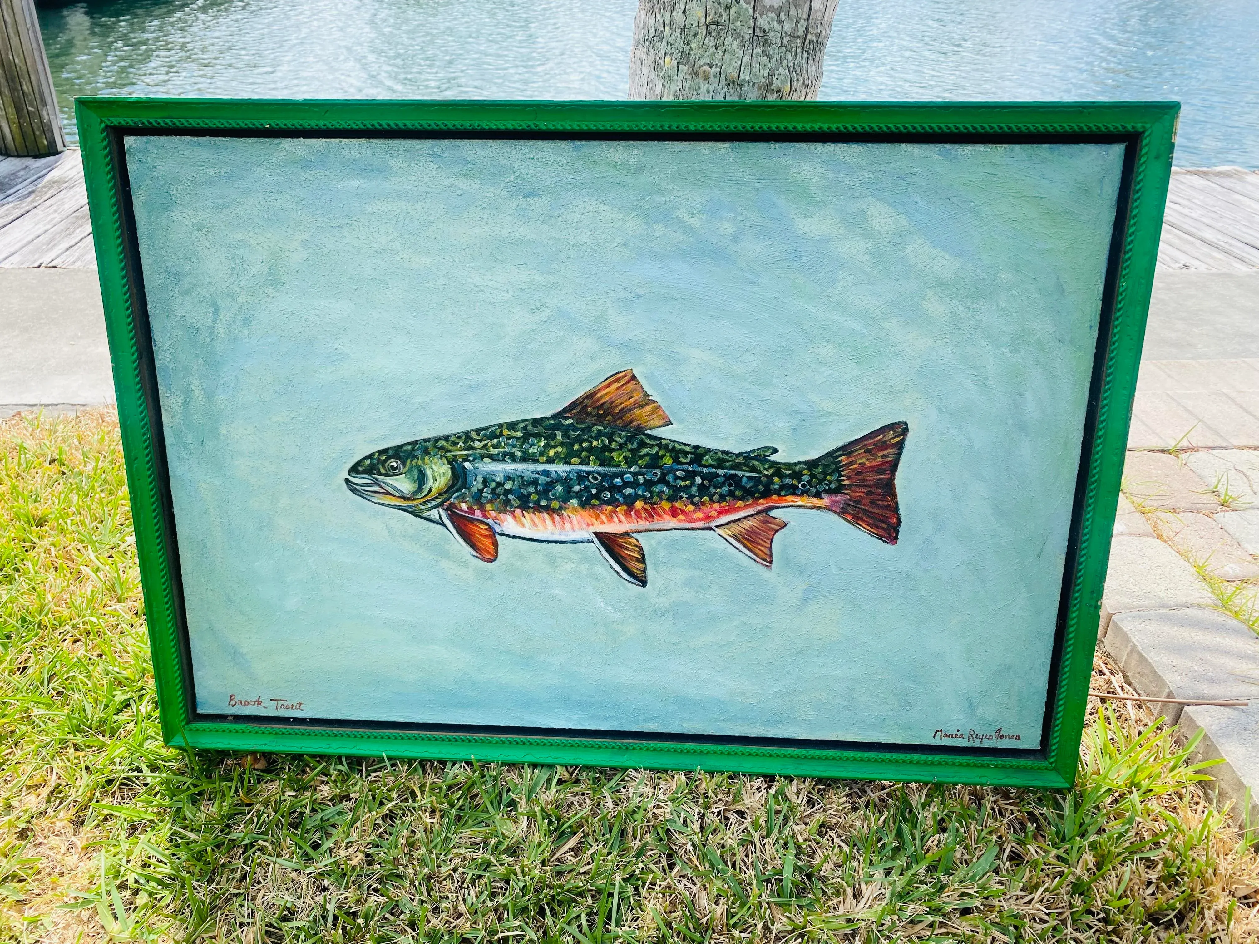 Late 20th Century Brook Trout Oil on Canvas Painting Signed Maria Reyes Jones
