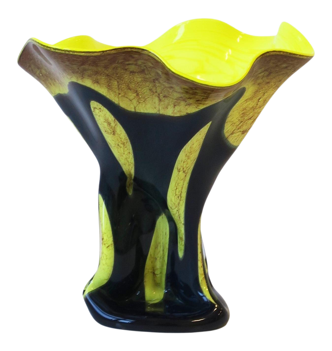Organic Modern Neon Yellow and Blue Art Glass Sculpture Vase