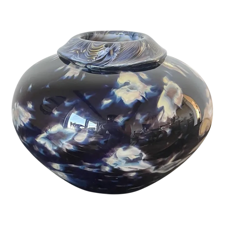 Early 21st Century Mouth Blown Glass Vase in Purple, Blue and Slate With Star Windows, Signed