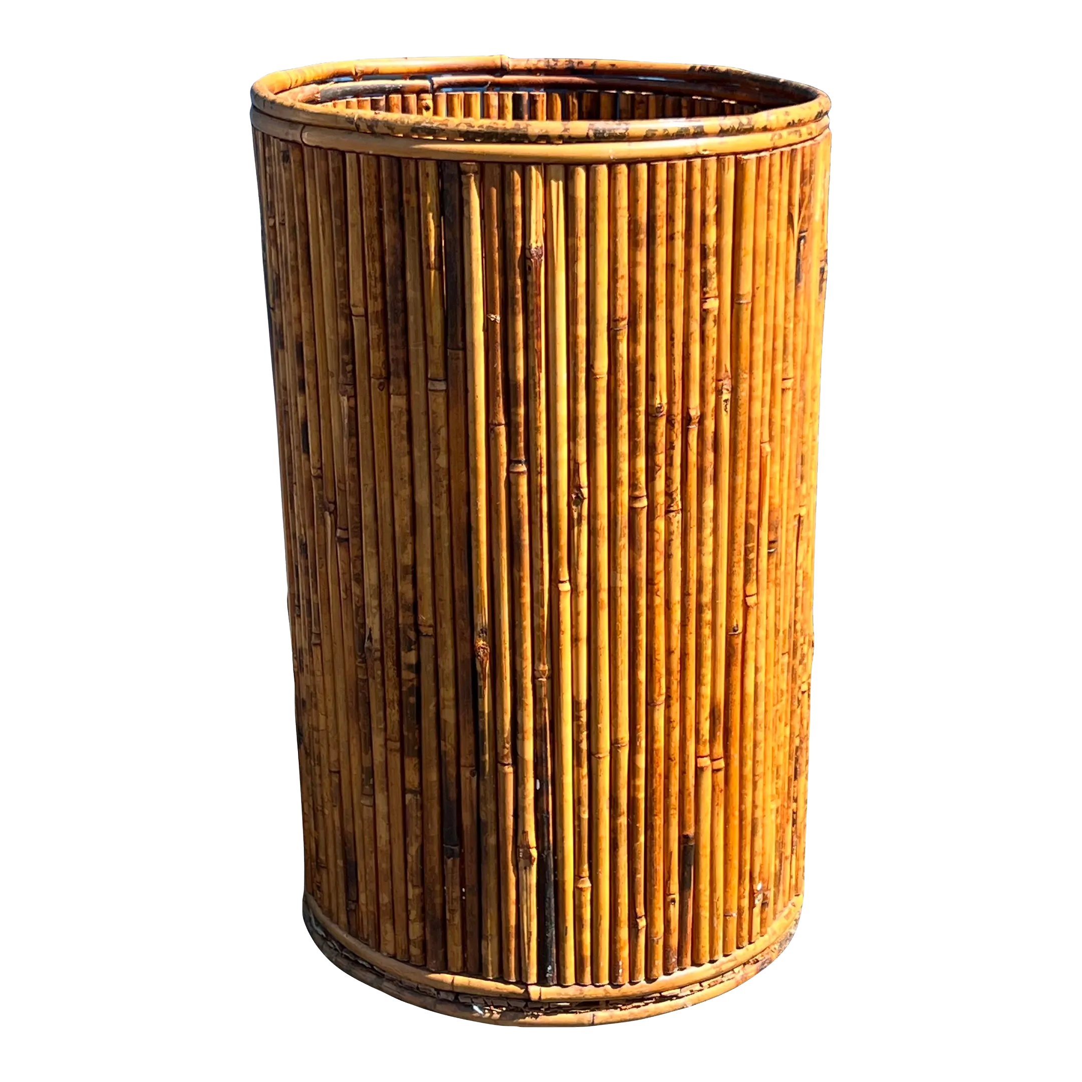 Vintage English Midcentury Bamboo Circular Umbrella Stand With Mottled Finish