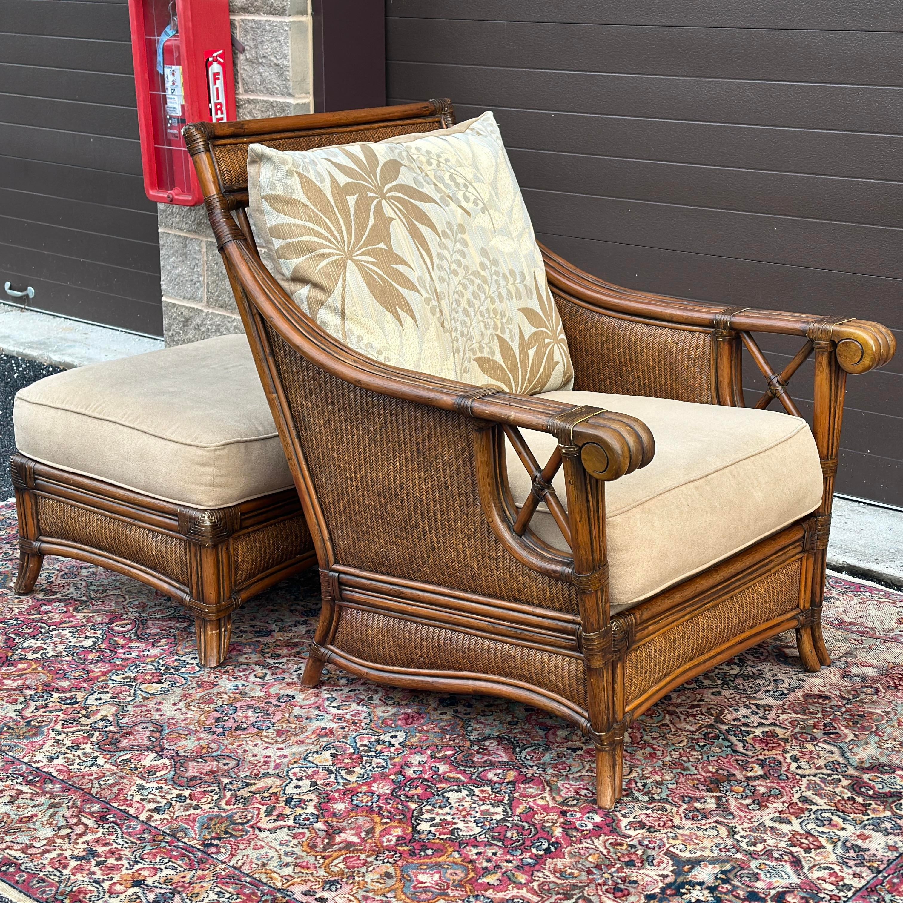 Benchcraft Leather Wrapped Rattan Lounge Chair Ottoman Set