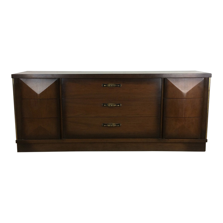 Mid Century Modern Lowboy Dresser With Beveled Drawer Faces and Brass Hardware Chairish