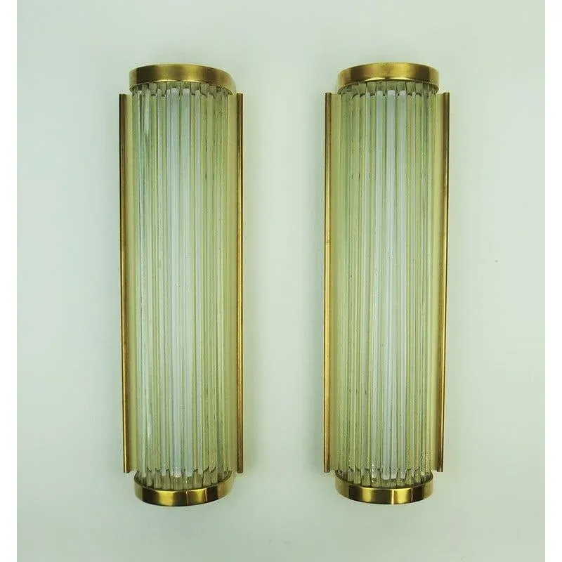 1940s Pair Skyscraper Vintage Art Deco Light Old Lamp Wall Sconces Fixture Brass & Glass Rod Ship Light