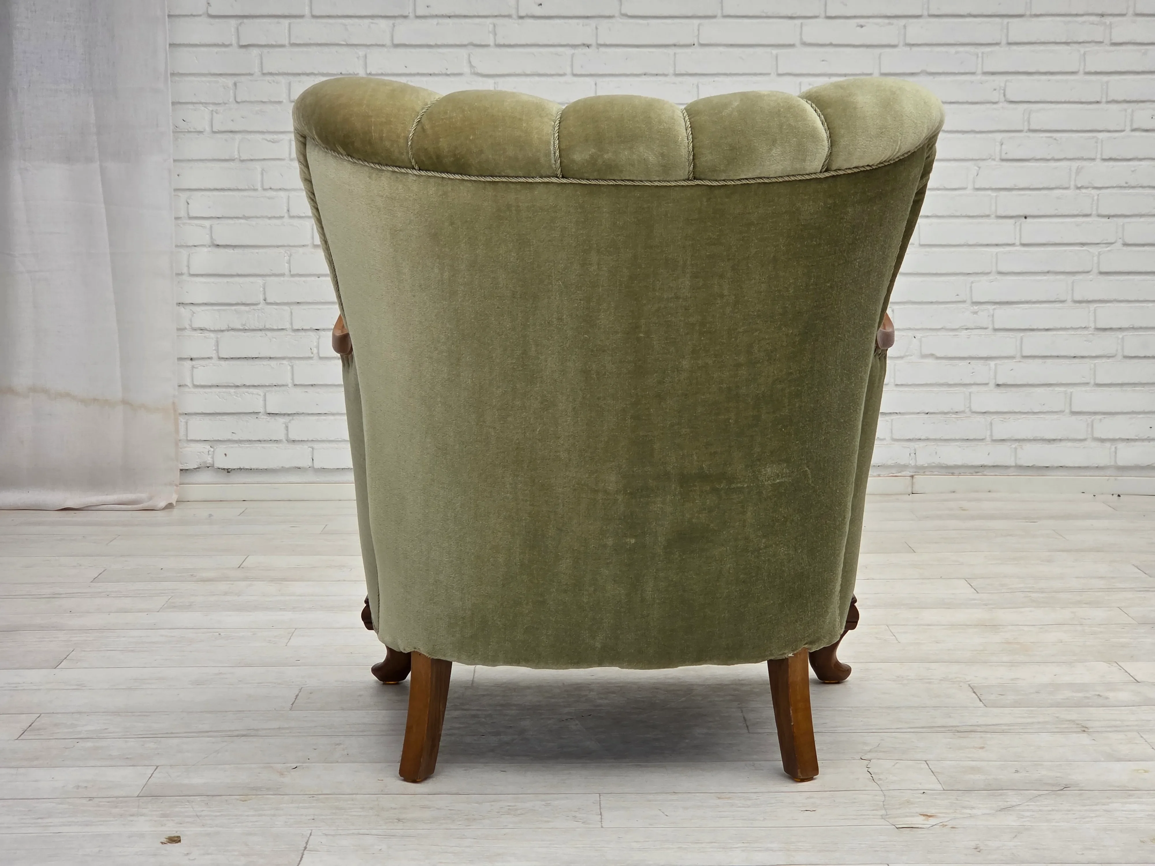 Danish Carved Oak Wood Armchair with Green Furniture Velour, 1960s