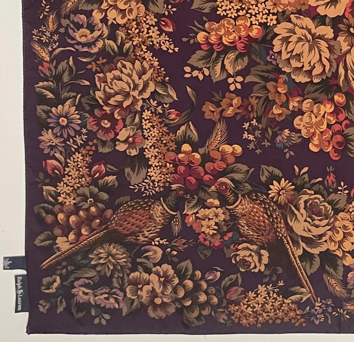 1990s Ralph Lauren Silk Floral and Pheasant Scarf - | Chairish