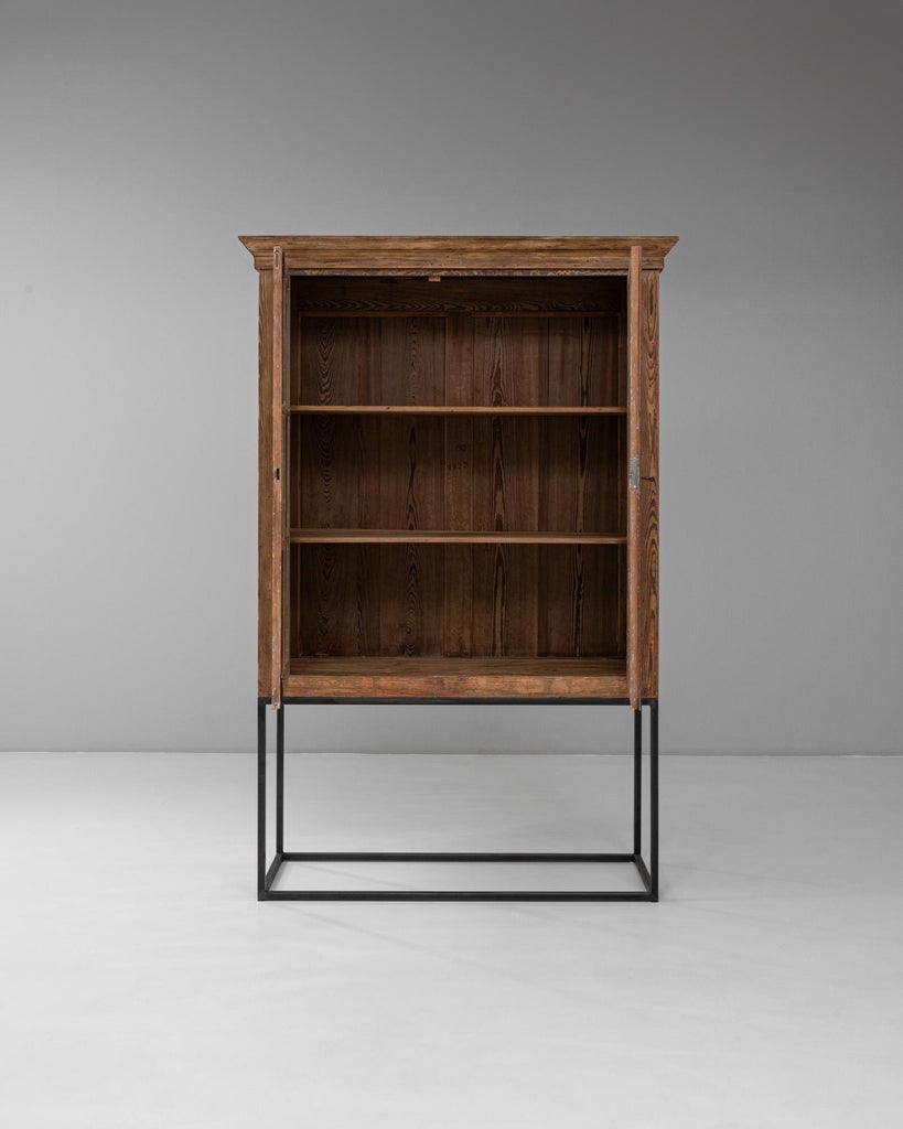 1900s Belgian Industrial Wooden Vitrine On Metal Base