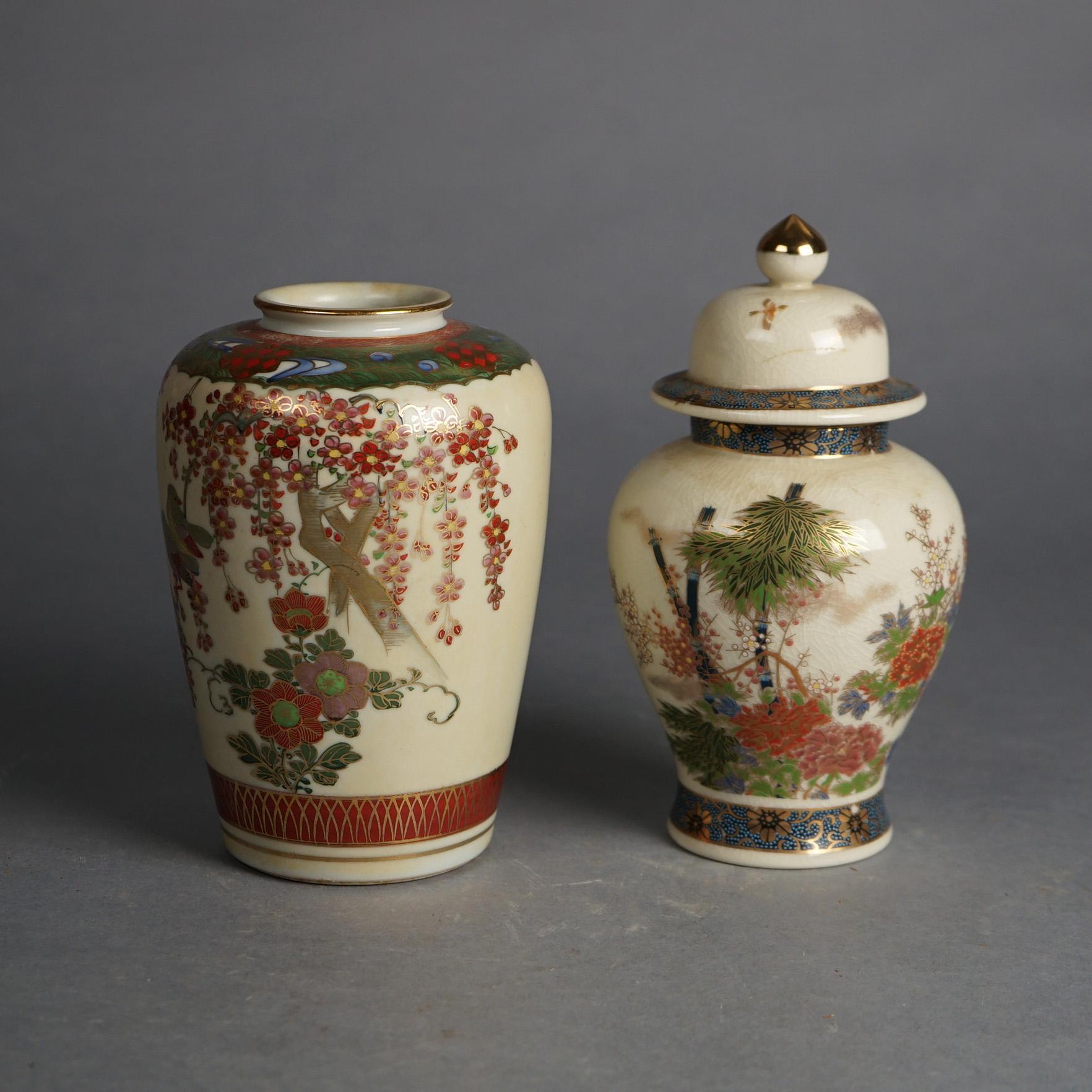 Antique Japanese Satsuma Pottery Vase & Lidded Urn, Hand