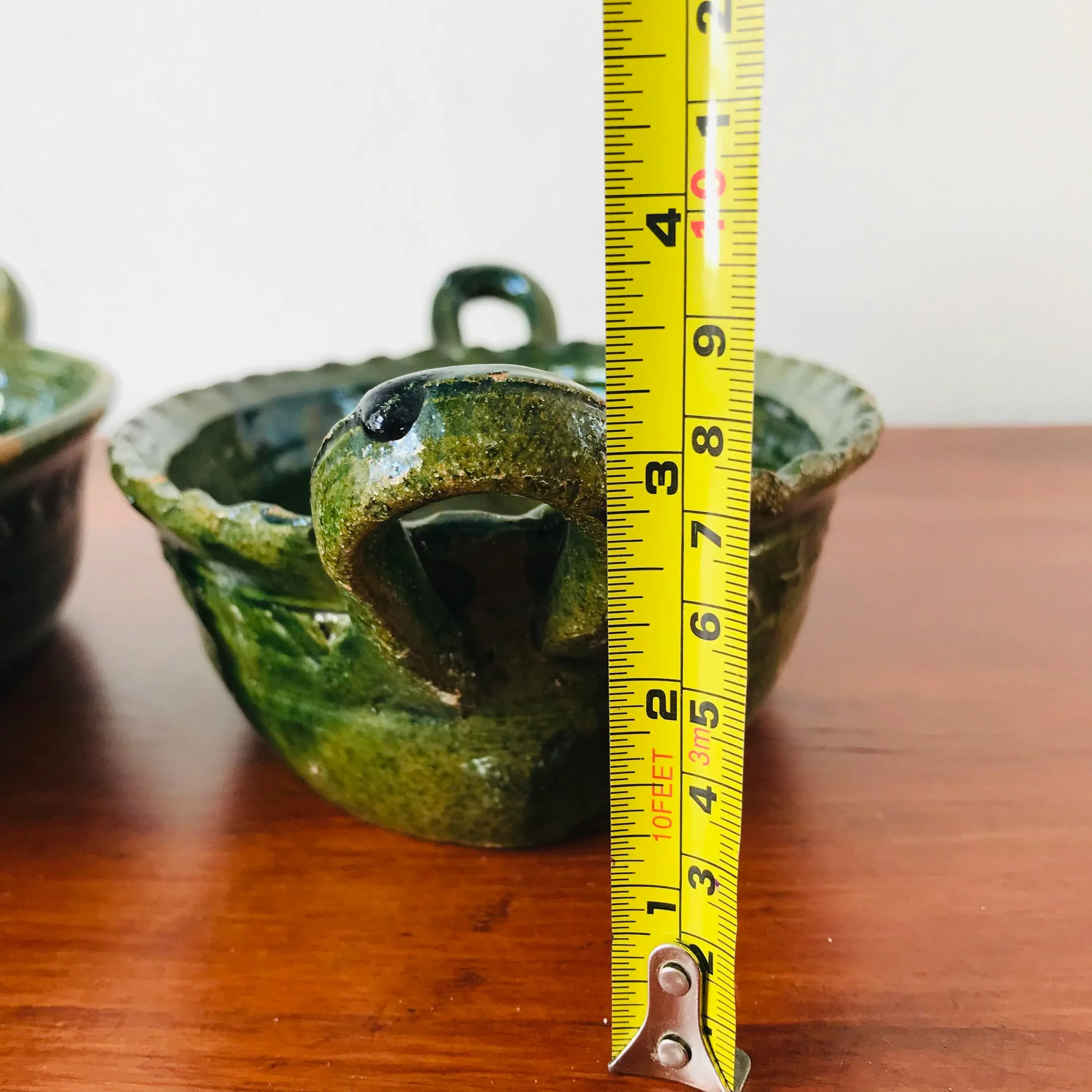 Set of 2 Red Ware Pottery Patamban Michoacán Green Glaze Baking Dishes From Mexico