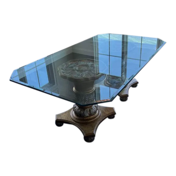 Marge Carson Glass Pedestal Dining Table with Formal French Carving