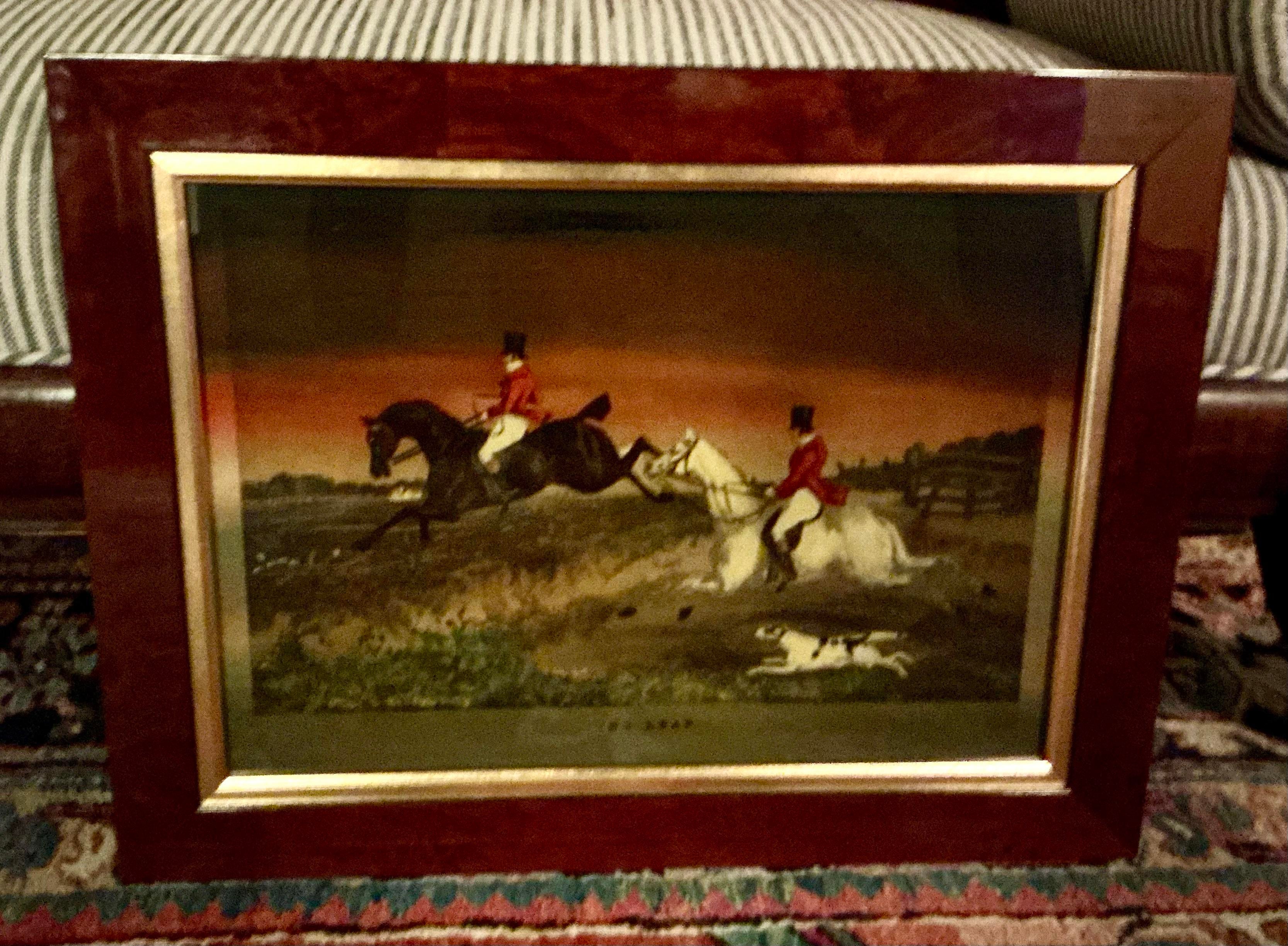1970s Vintage Hand Colored Equestrian Print “The Leap” in Burl 