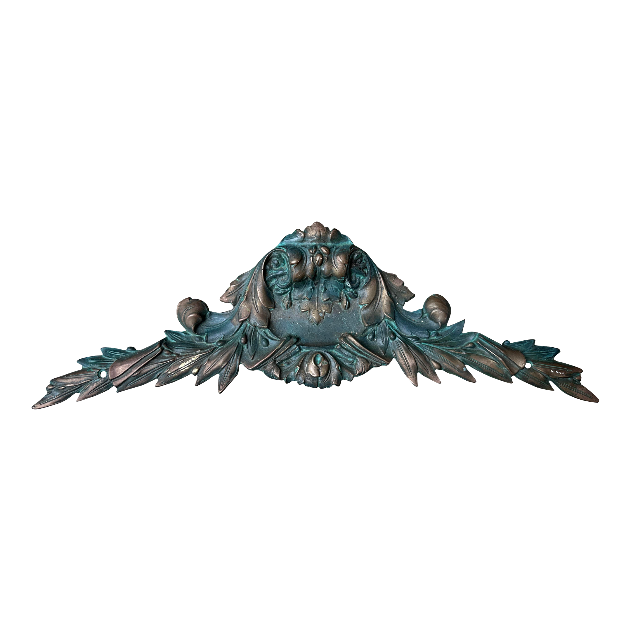 Vintage Baroque Cast Metal Bronze Architectural Pediment With Verdigris Patina – Castilian Imports