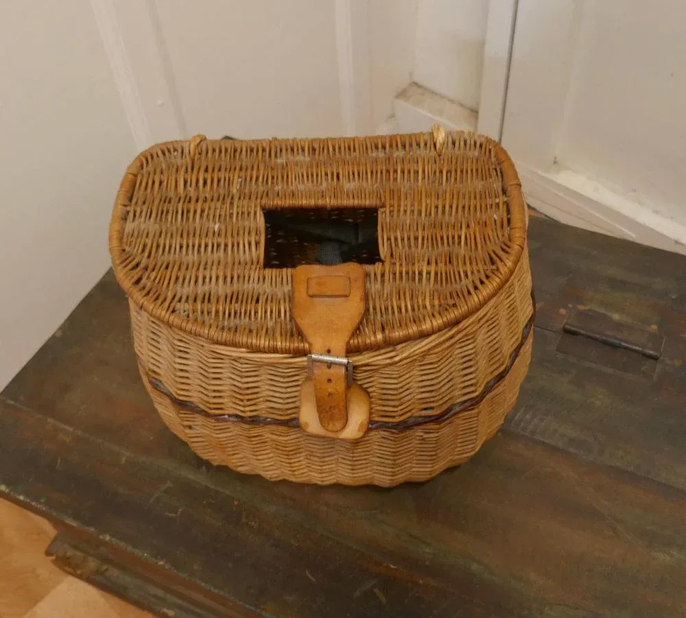 antique fishing wicker net with wood handle  86 Vintage Extra Cute Small Sized Vintage