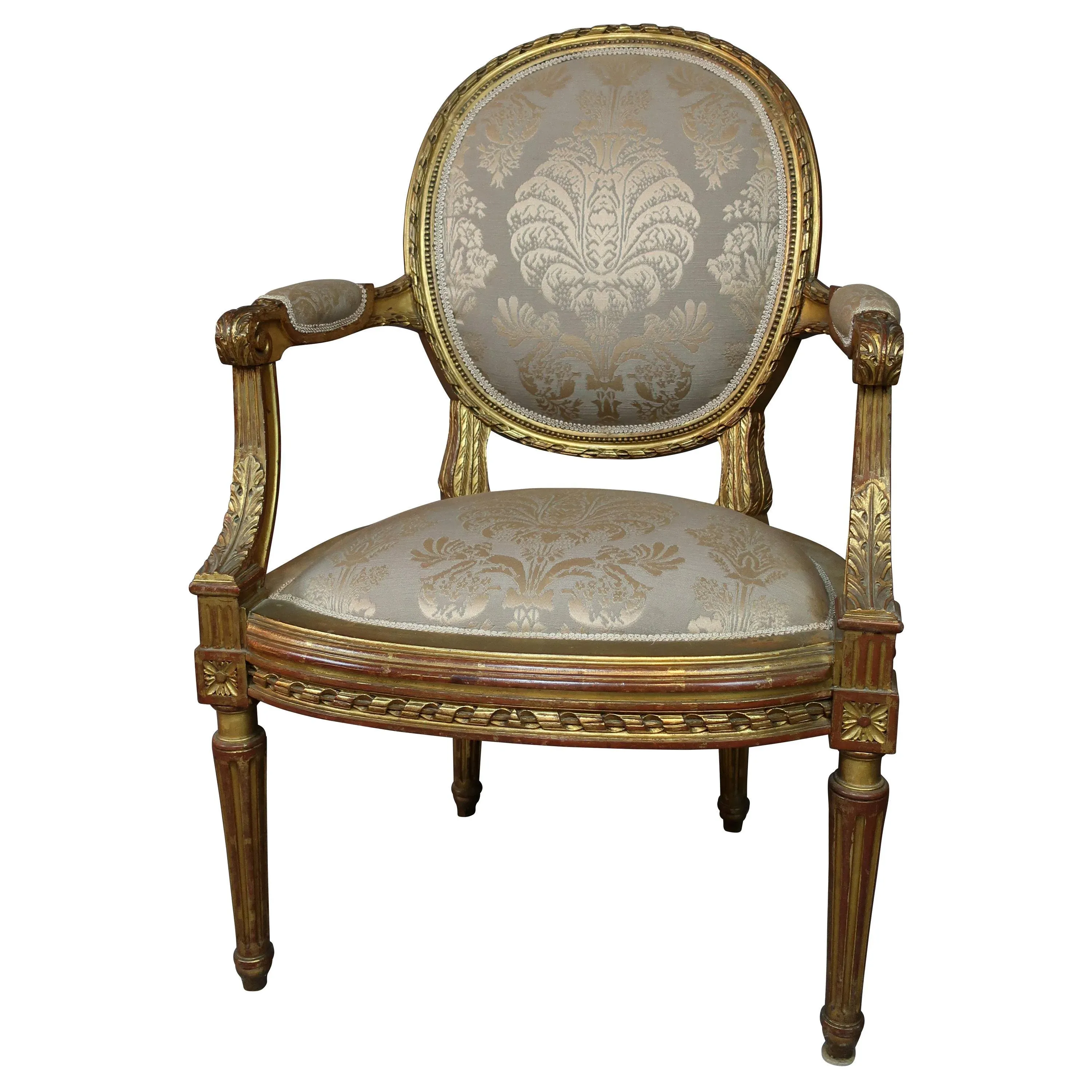 Louis XVI Style French Gilt Chair with Antique Damask Grey