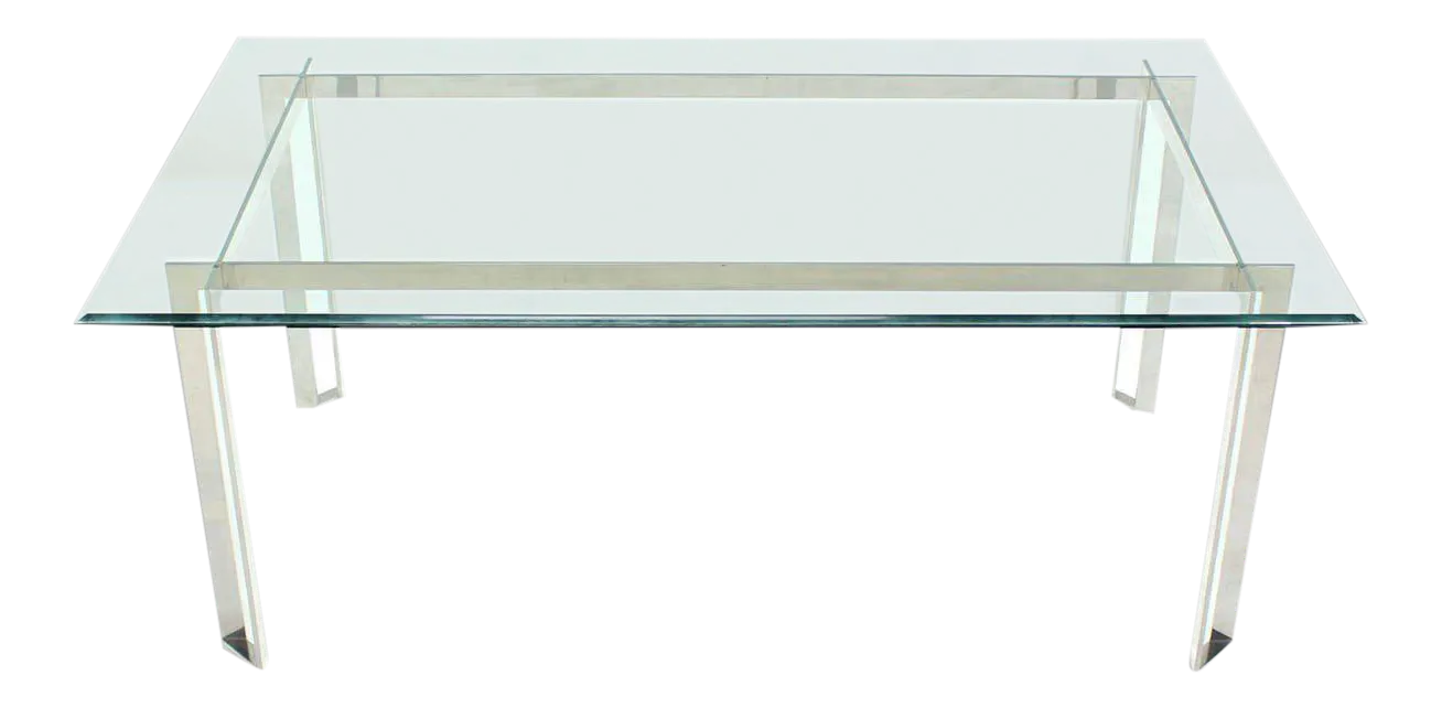 MidCentury Modern Polished Stainless Steel and Thick GlassTop Dining