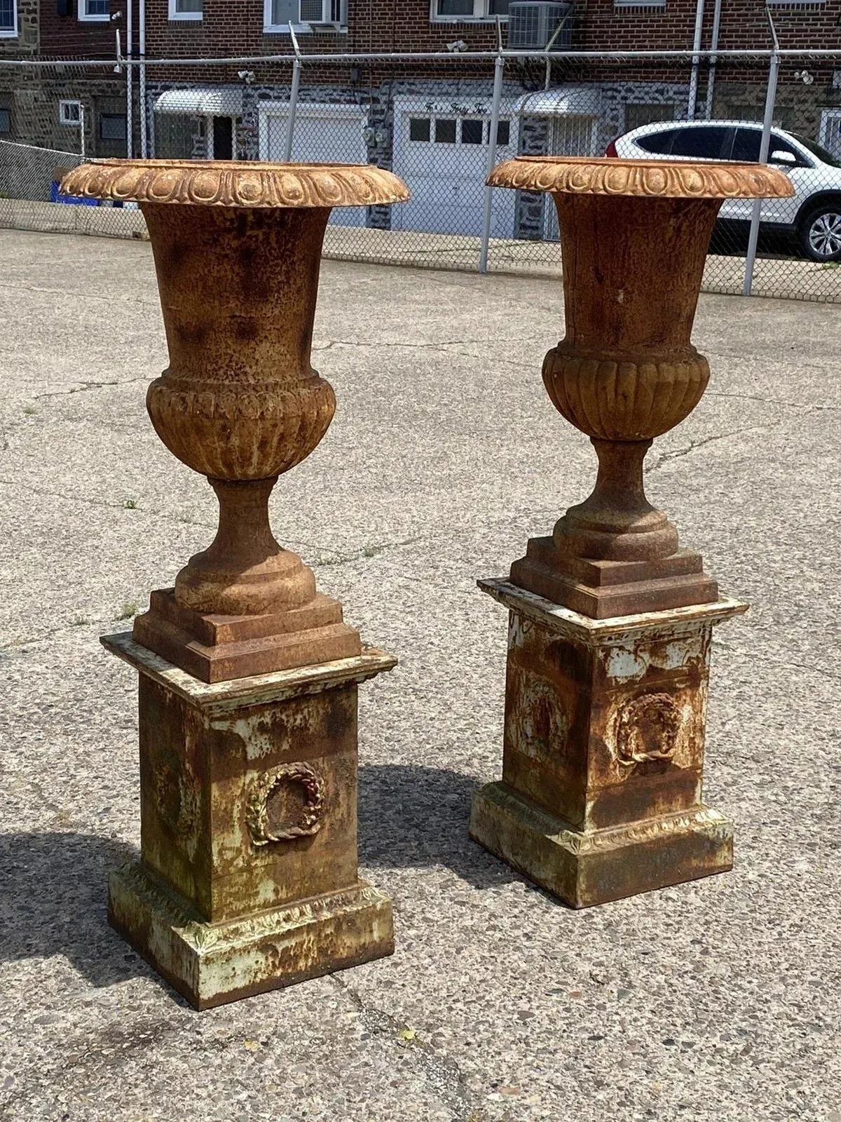 Late 20th Century French Style Cast Iron Campana Urn Planters on Pedestal -  A Pair, image size:1200x1600