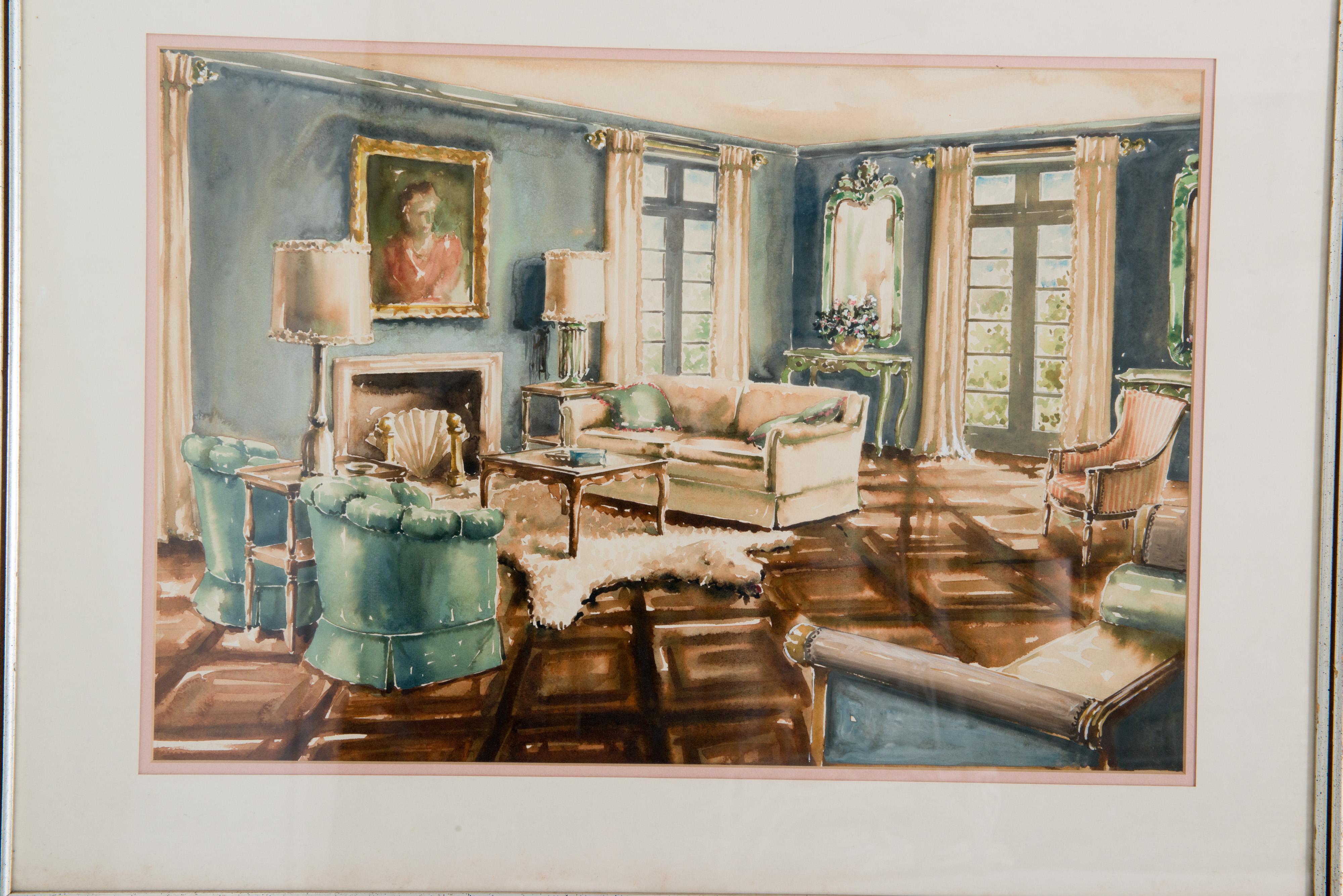 Pair of Framed 1940s Domestic Interior Watercolor Renderings | Chairish, image size:4000x2670