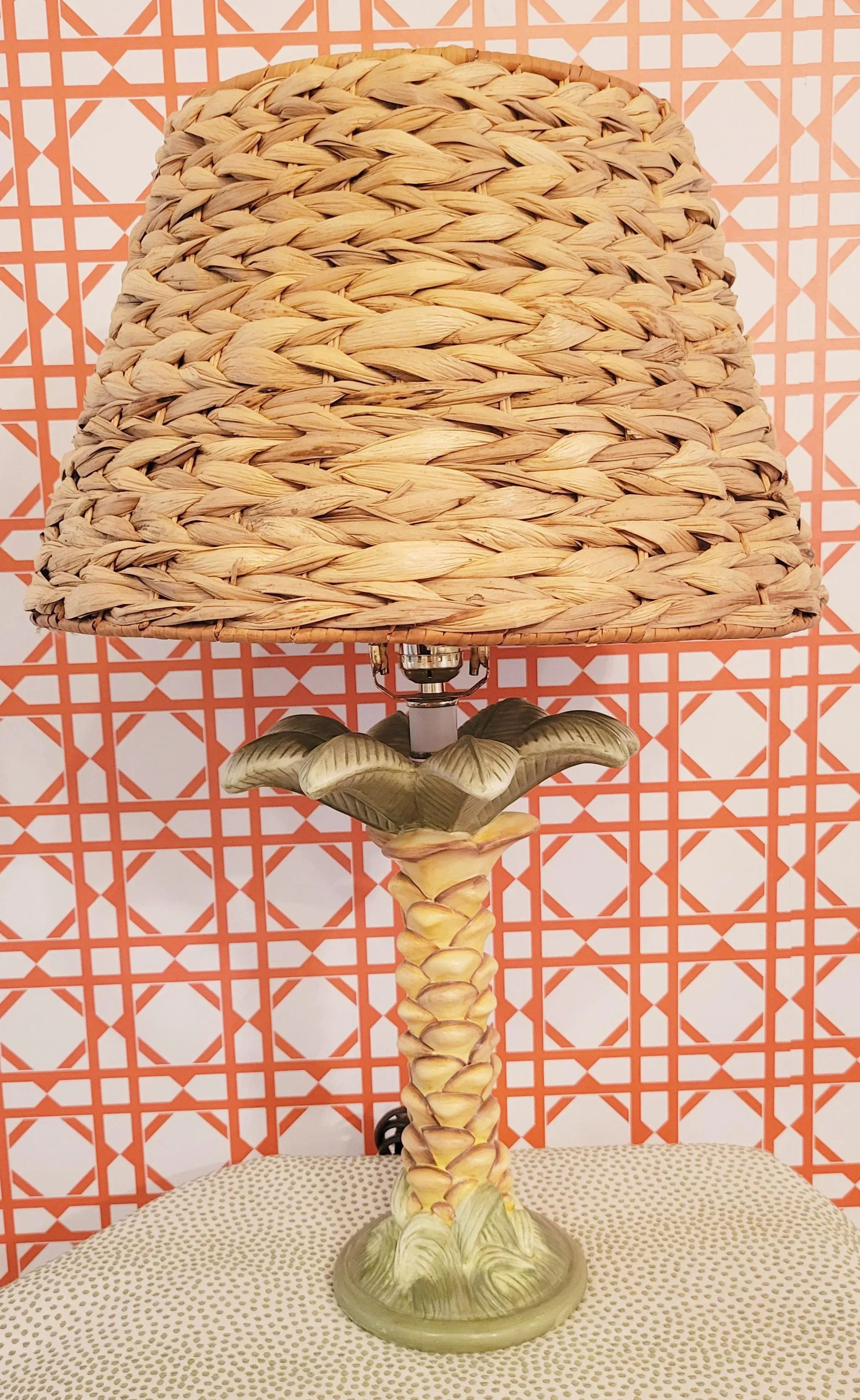 Vintage Ceramic Whimsical Palm Tree Regency Style Wicker Shade Table Lamp main image 1