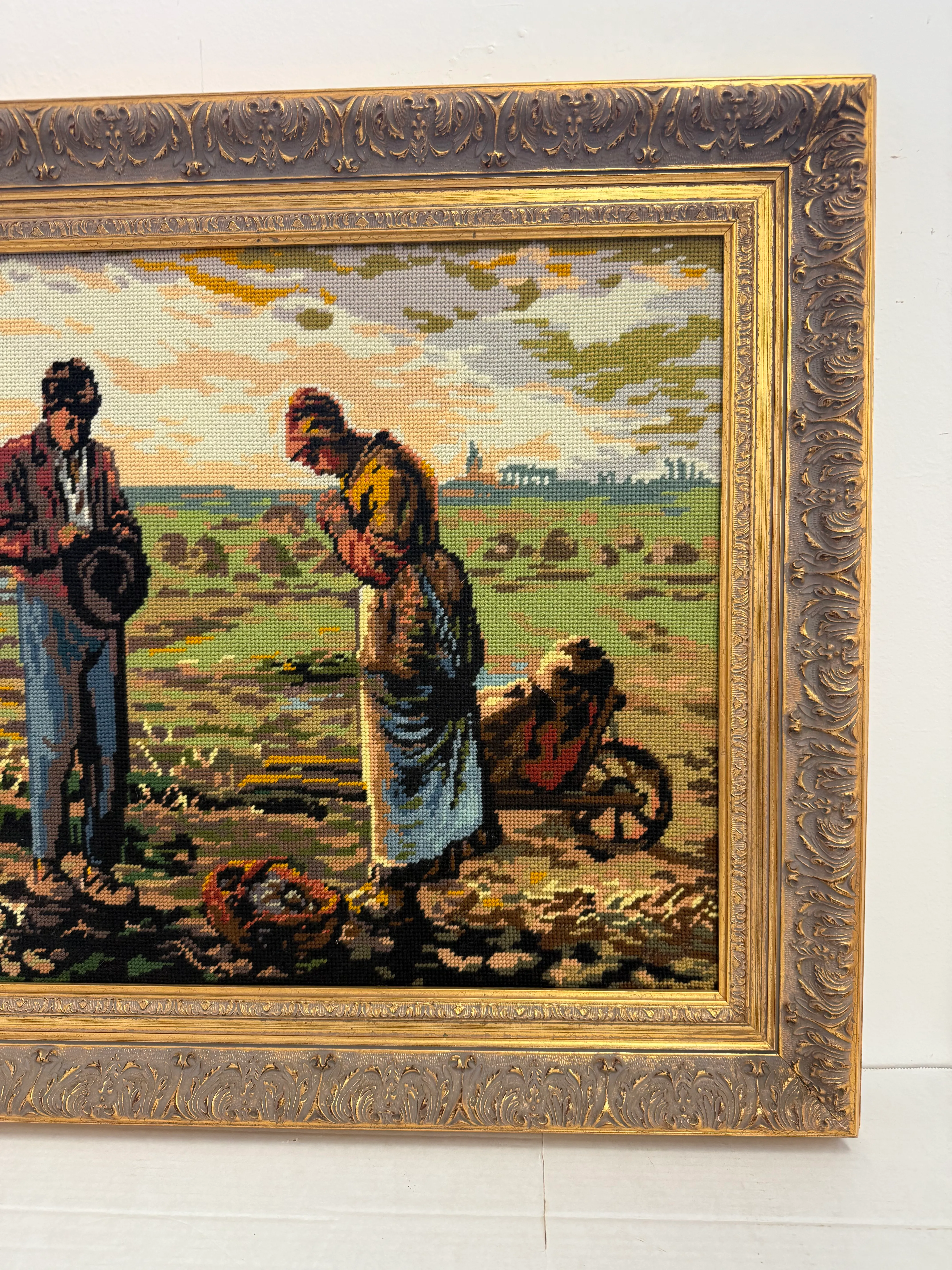 Vintage Rustic Farmhouse Framed Needlepoint Tapestry, The Angelus