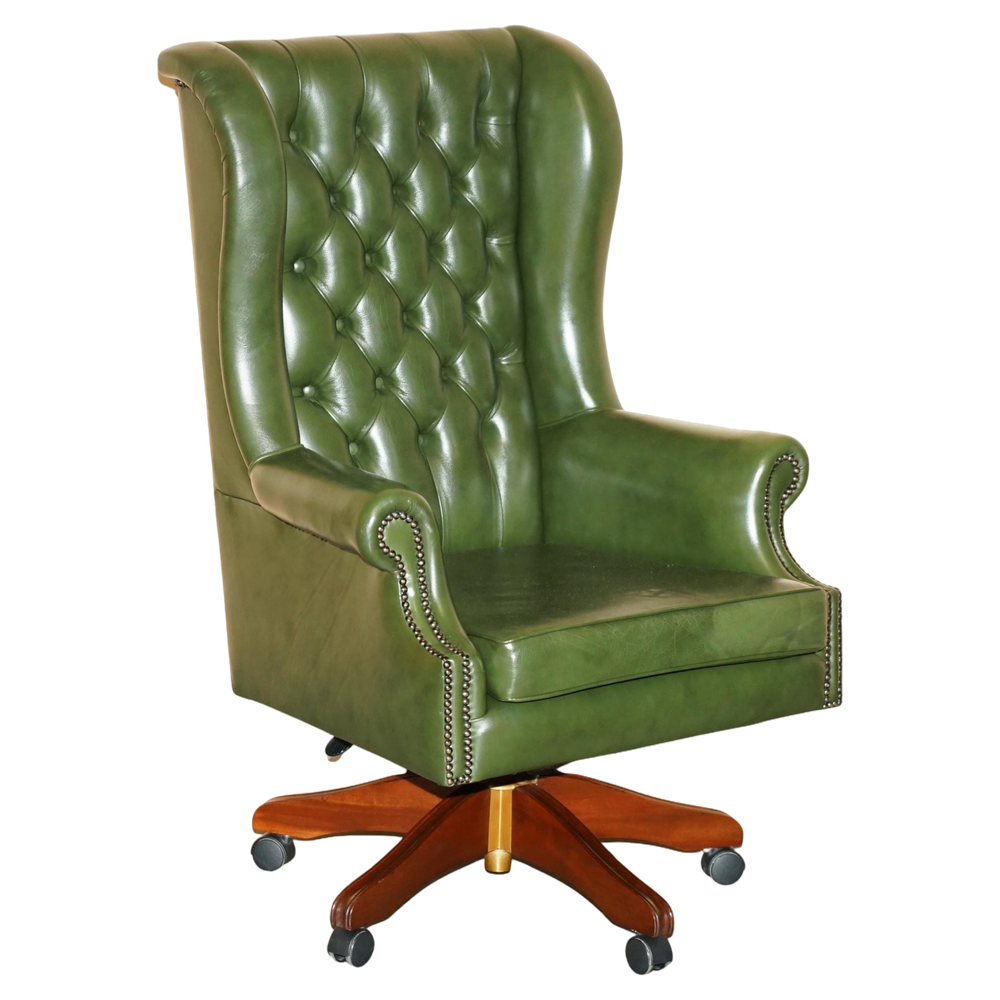 Chesterfield Wingback Swivel Chair in Green Leather Chairish