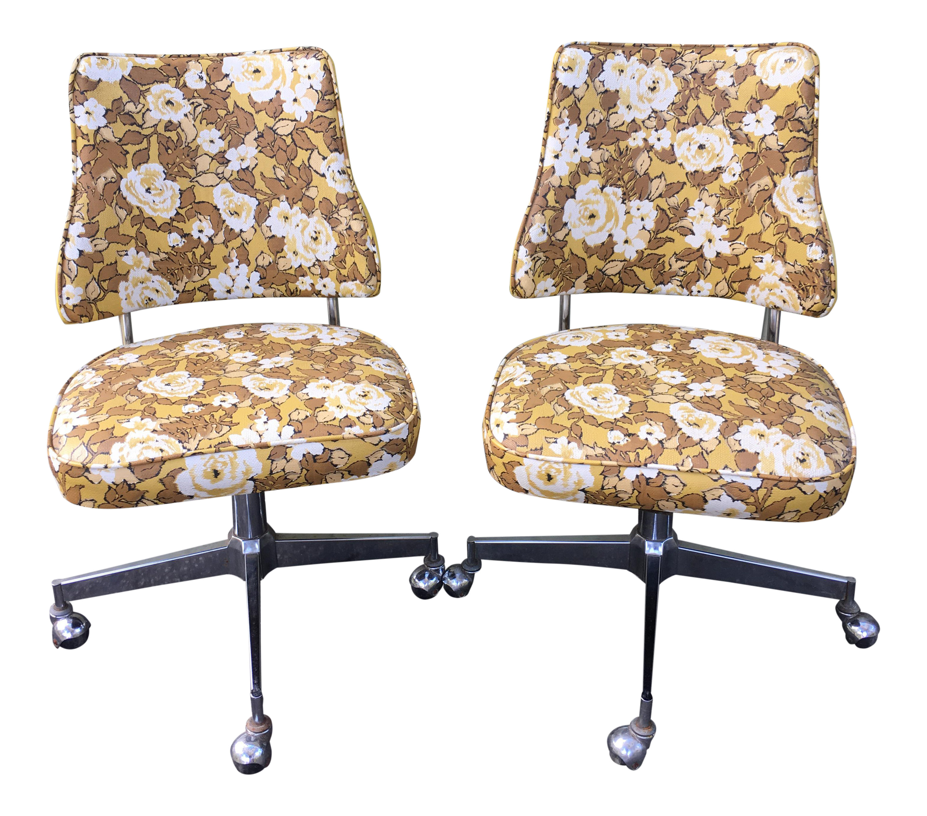 Retro 1950s Mid Century Yellow Floral Vinyl Swivel Dinette