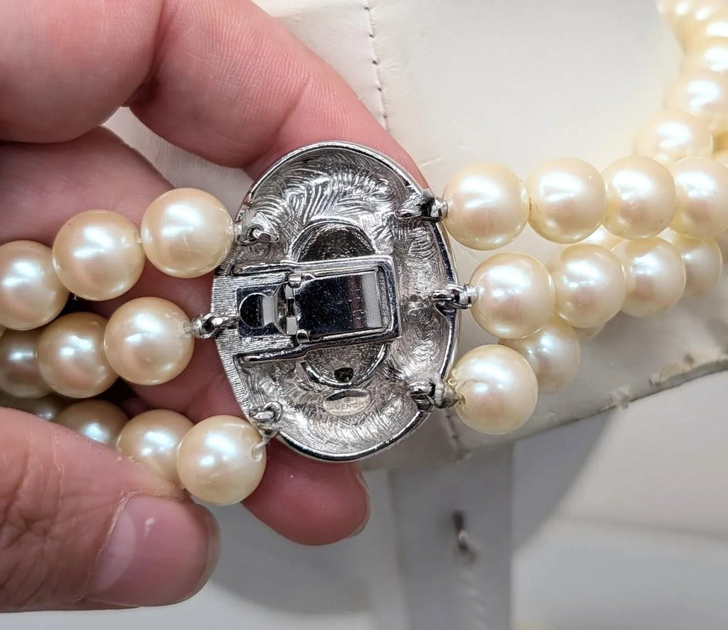 Vintage 1980s Signed Givenchy 3-Strand Faux-Pearl & Pavé Clear 