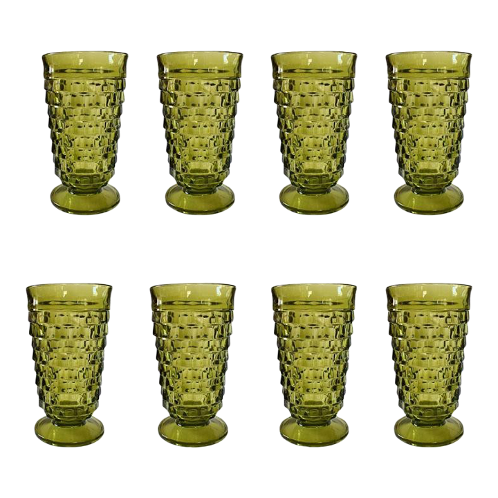 Mid Century Modern Green Faceted Indiana Glass Drinking Glasses Set