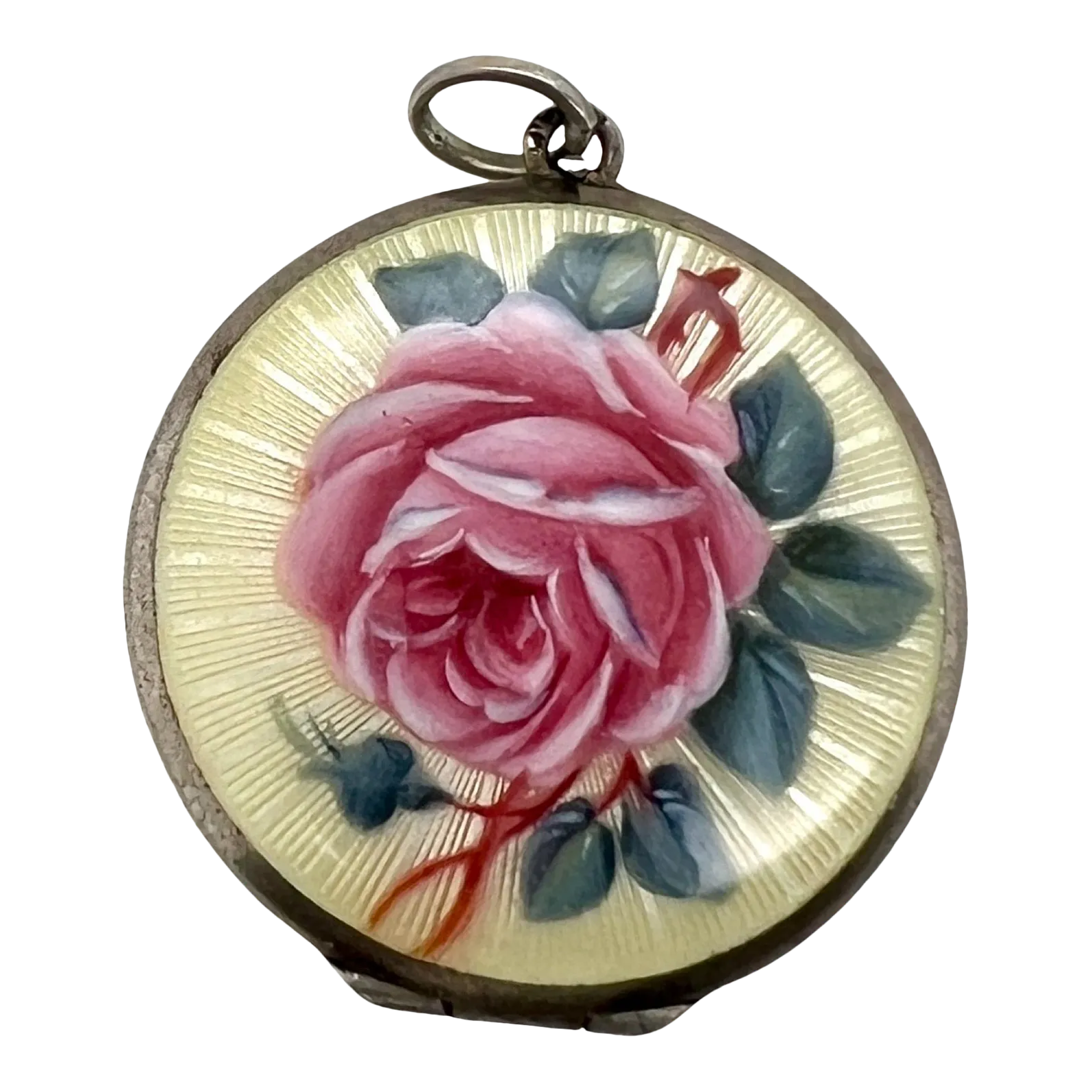 Edwardian Silver Guilloche Enamel Rose Locket Pendant