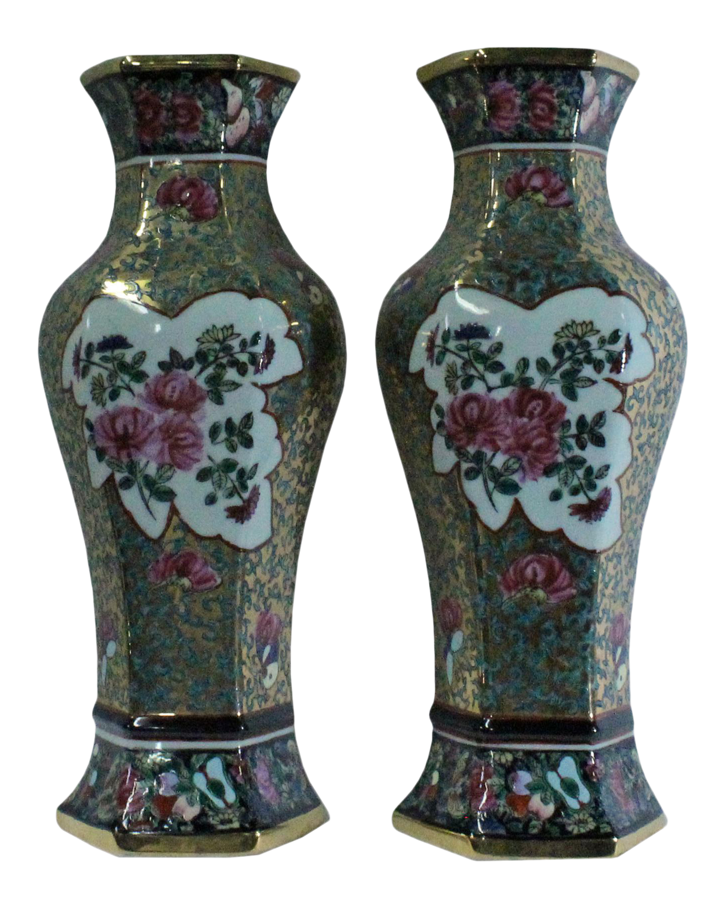 Pair Ceramic Golden Base Enamel Flower Half Hexagon Wall Vases