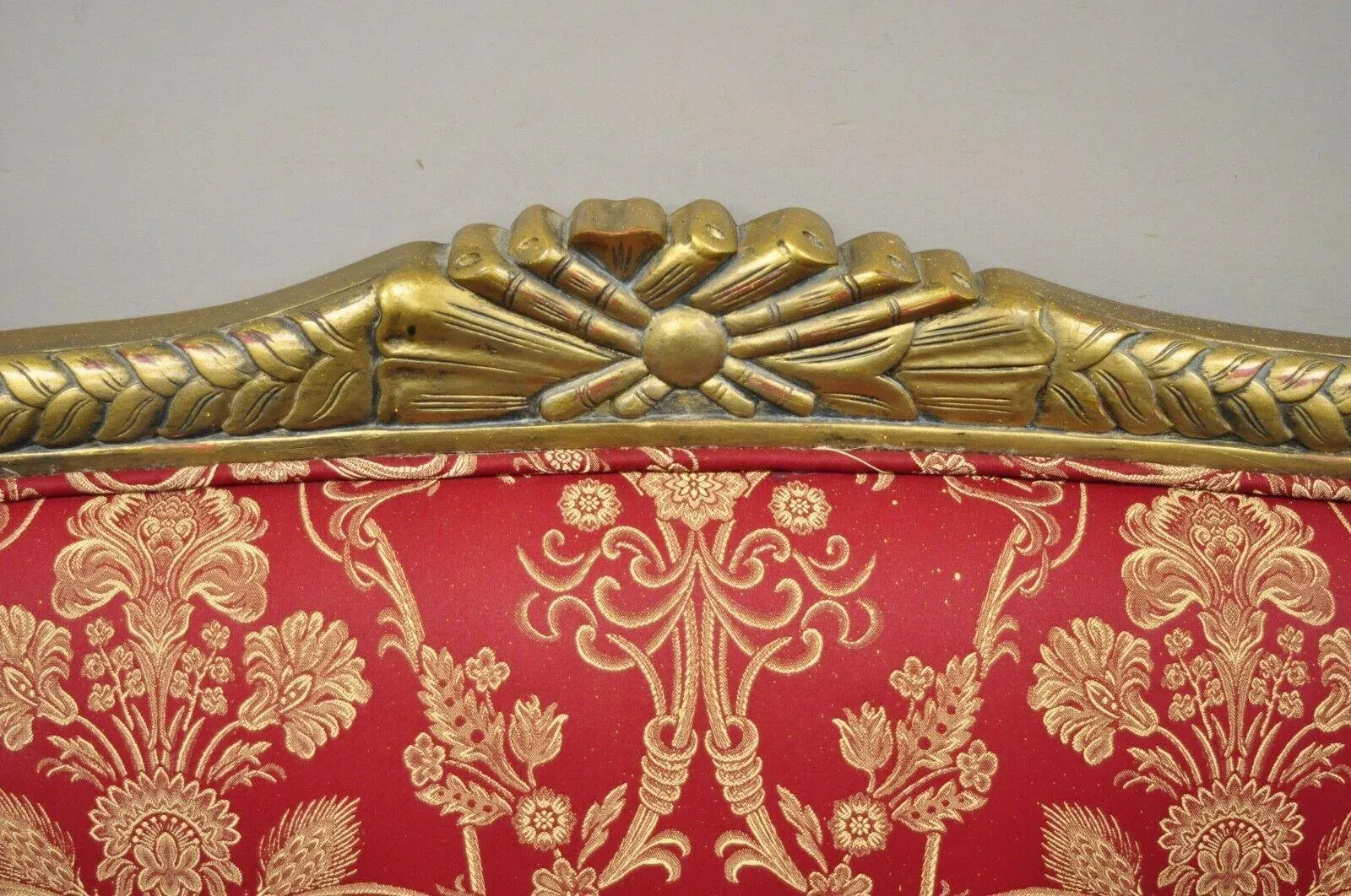 French Louis XVI Style Gold Red Upholstered Settee Sofa Loveseat Decorator Chair